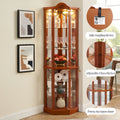 Glass Cabinet Lighted Corner Cabinet Corner Display Curio Cabinet, Glass Display With Light Included Bar Cabinet,Wine Cabinet With Adjustable Glass Shelves Carved Decoration Oak Light Included Oak Mdf Glass