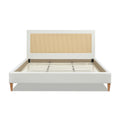 Haley Upholstered Cane Back Platform Bed, Queen, Antique White Polyester Box Spring Not Required Queen Antique White Wood Foam Polyester Polyester