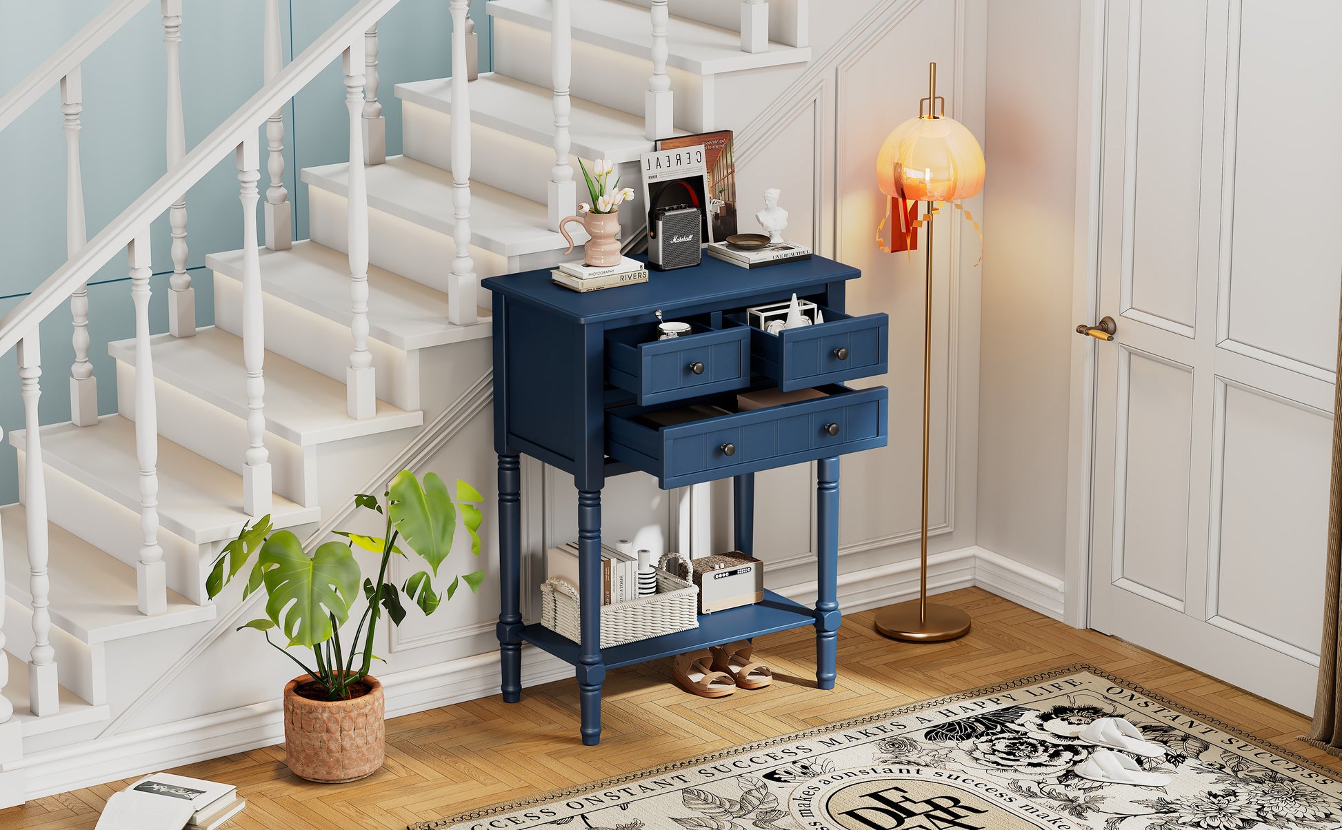 Narrow Console Table, Slim Sofa Table With Three Storage Drawers And Bottom Shelf Navy Navy Solid Wood Mdf