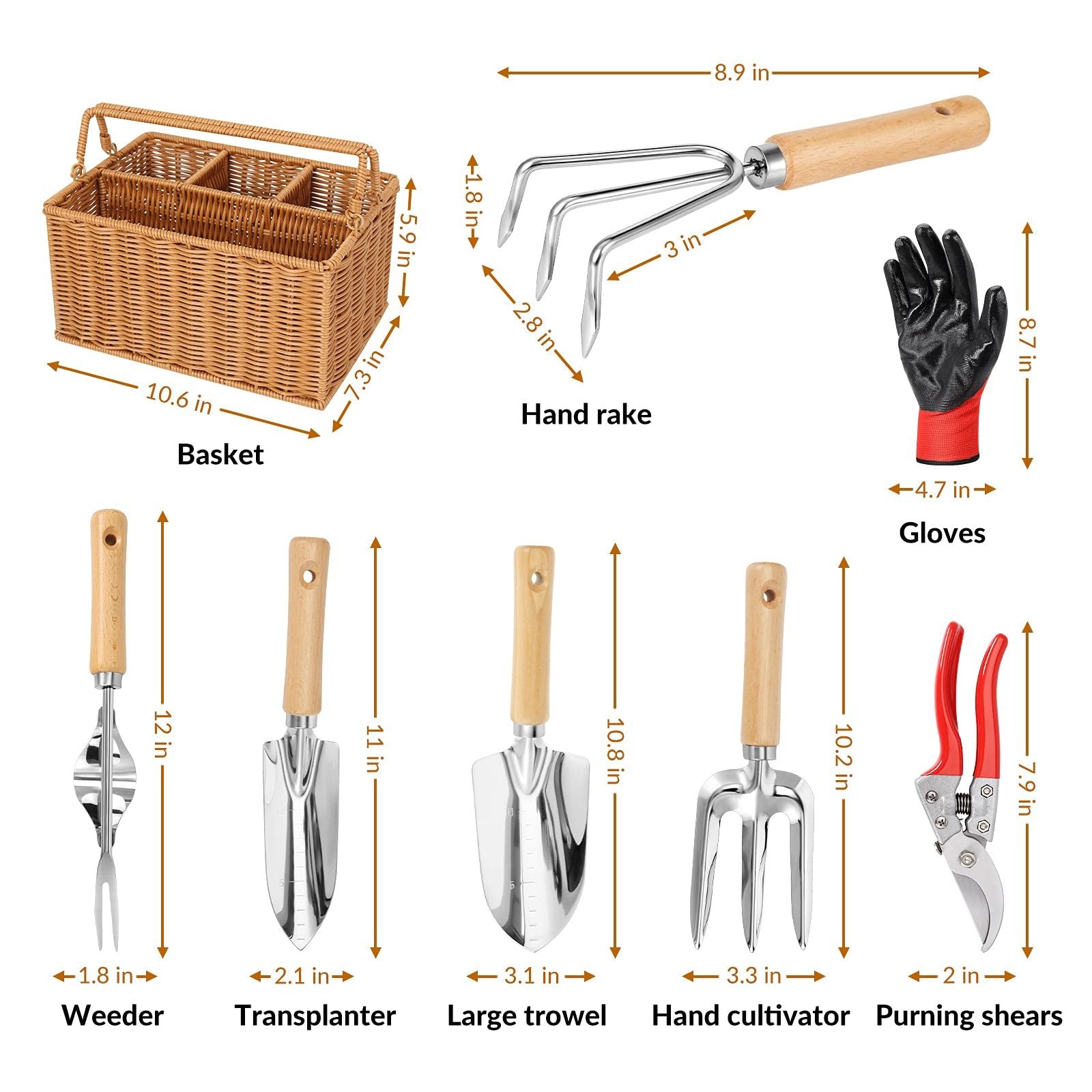 Gardening Hand Tools With Basket Brown Wood