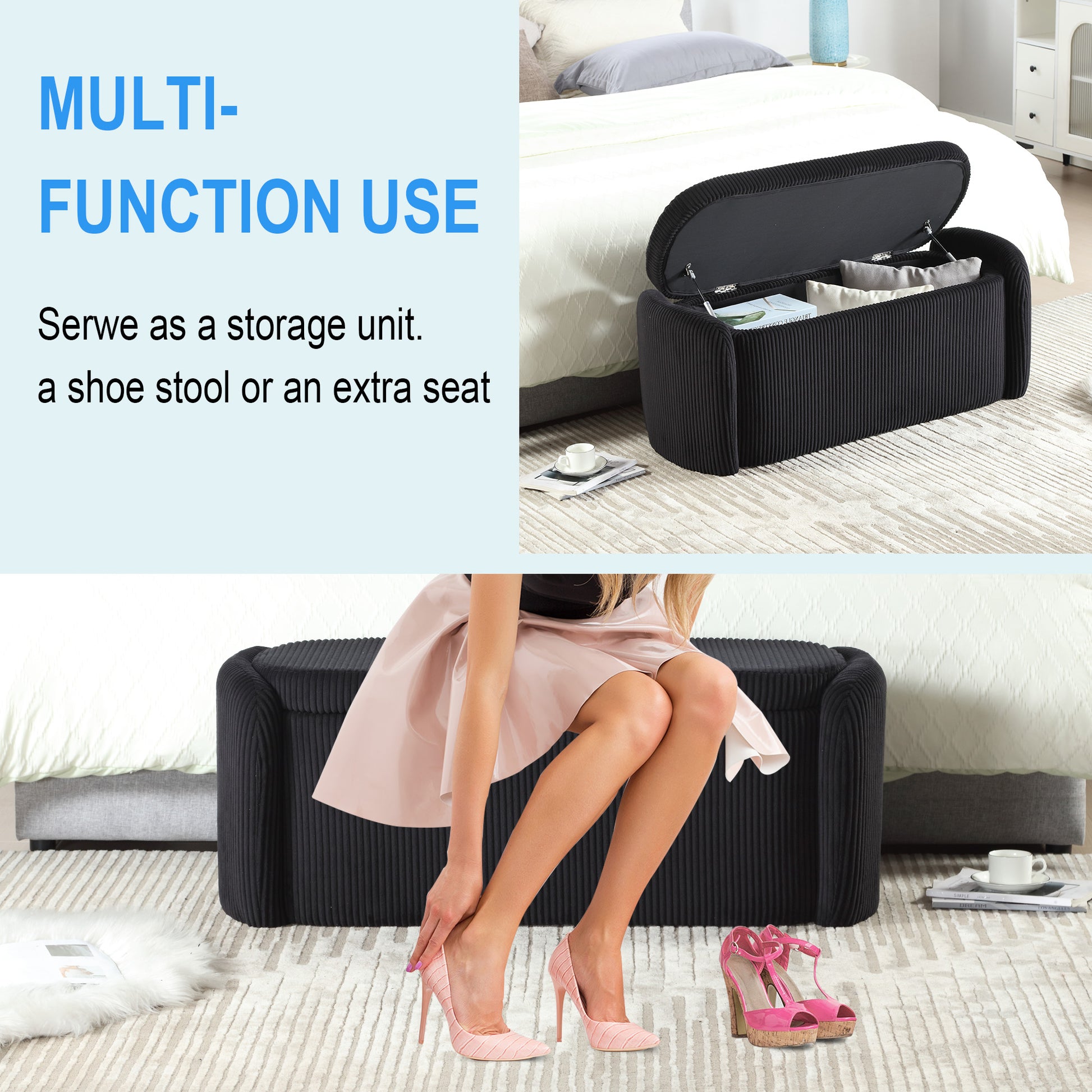 Coolmore Storage Ottoman,Bedroom End Bench,Upholstered Fabric Storage Ottoman With Safety Hinge, Entryway Padded Footstool, Ottoman Bench For Living Room & Bedroom Black Black Primary Living Space Foam Corduroy