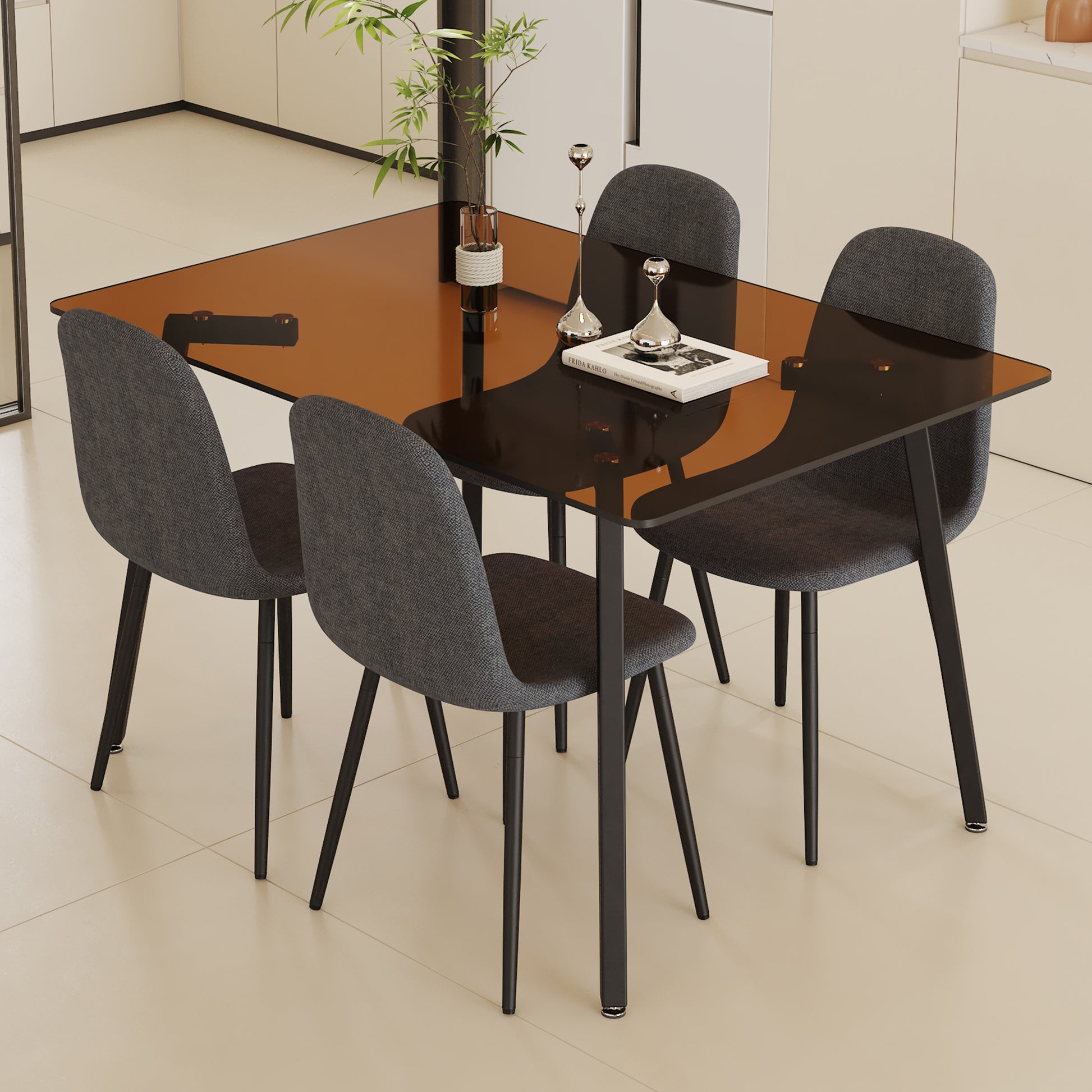 Table And Chair Set.Large Modern Rectangular Table With Brown Glass Top And Silver Metal Legs. Paired With 4 Dark Gray Chairs With Soft Linen Fabric Cushions And Black Metal Legs. Dark Gray,Silver Seats 4 Glass Metal