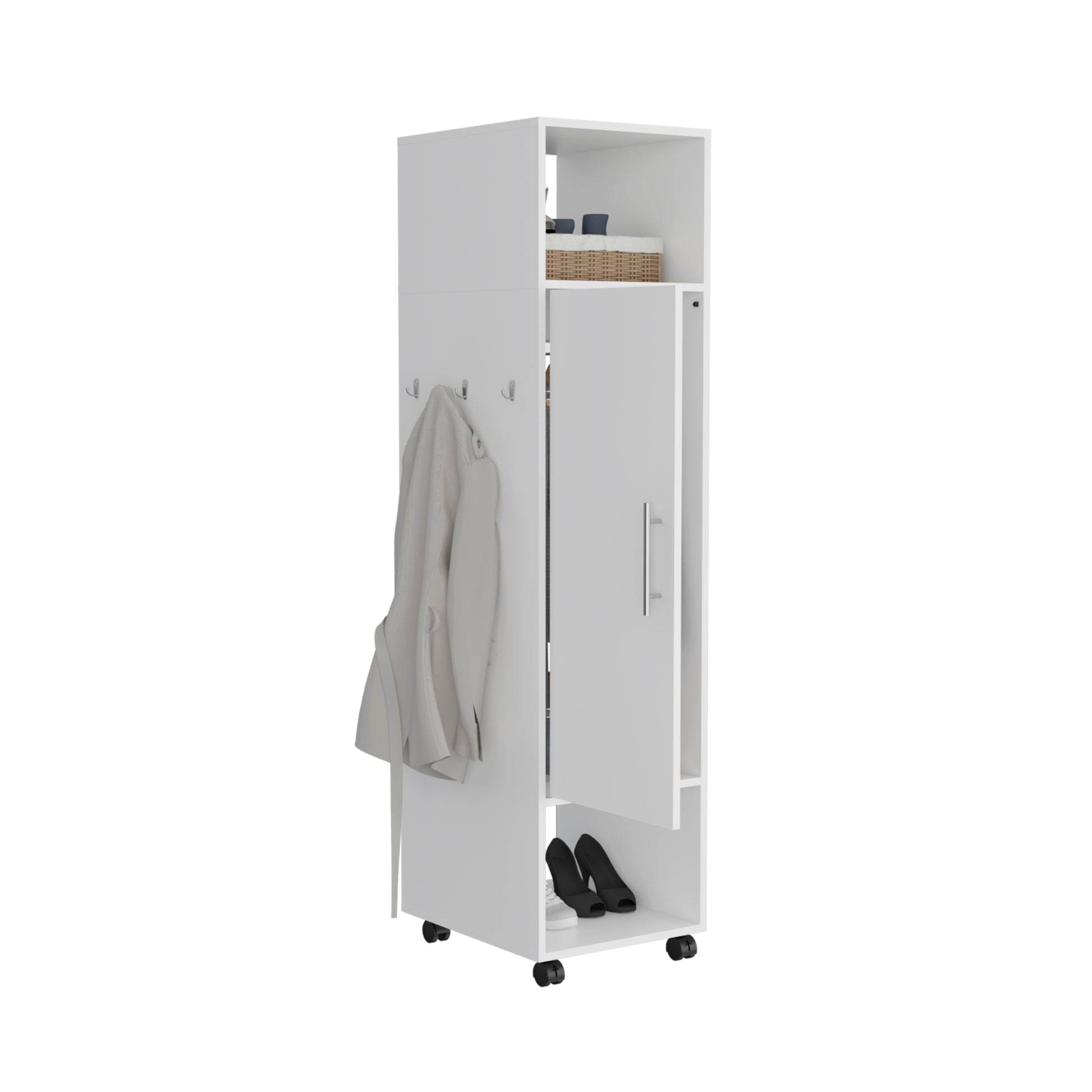 Cluster 63" Tall Wardrove One Door Cabinet With Mirror, Three Shelves, Casters And Hanging Rod, Armoire, Bedroom Clothes Storage, Cabinet Organizer White Particle Board