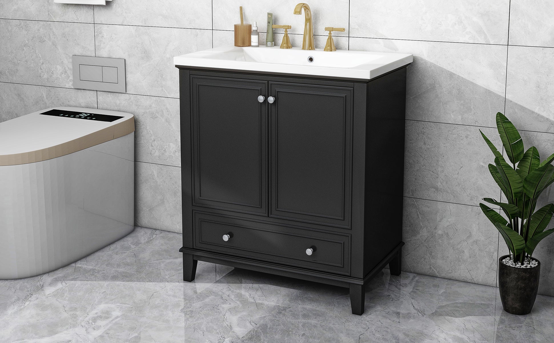 30" Bathroom Vanity With Sink Combo, Multi Functional Bathroom Cabinet With Doors And Drawer, Solid Frame And Mdf Board, Black Black Solid Wood Mdf