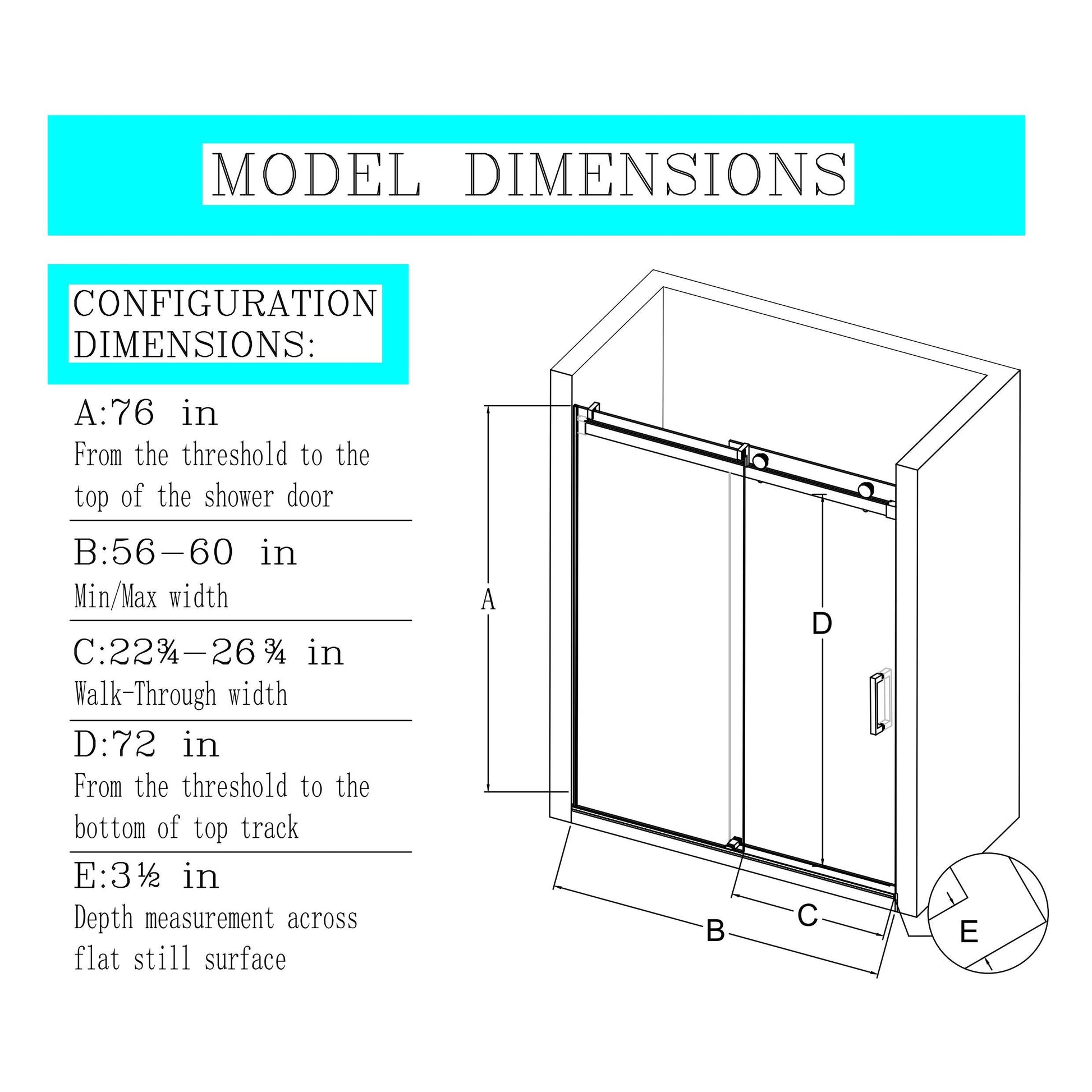 56 60" W * 76" H Frameless Single Sliding Soft Close Shower Doors With Buffer, Bathroom Sliding Shower Door, 3 8" 10Mm Thick Sgcc Tempered Glass Door, Reversible Installation, Chrome Finish Chrome Glass Metal