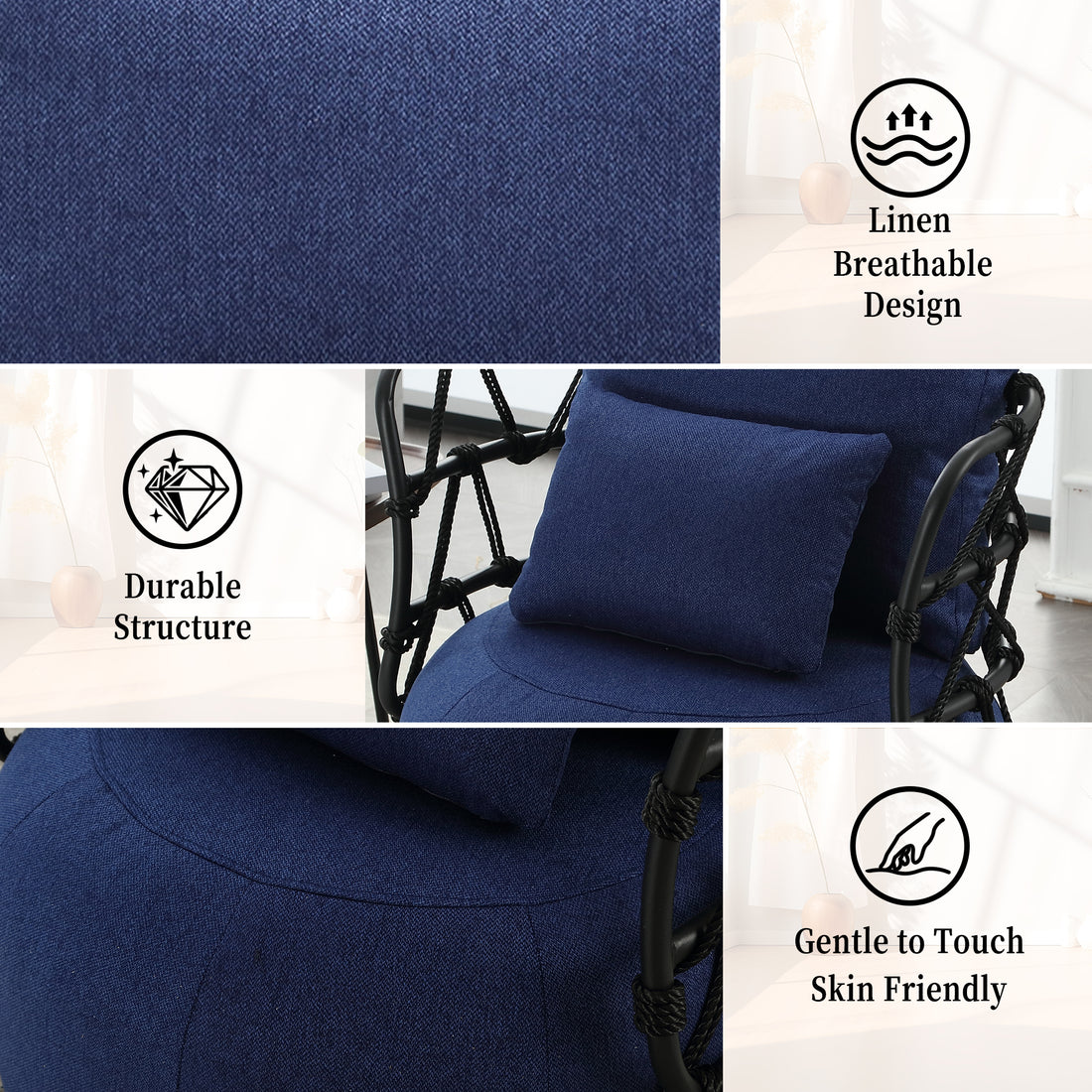 Coolmore Upholstered Tufted Living Room Chair Textured Linen Fabric Accent Chair With Metal Stand Navy Primary Living Space Foam Linen