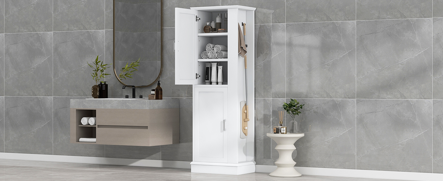 Tall Bathroom Storage Cabinet, Freestanding Storage Cabinet With Hook And Adjustable Shelf, Mdf Board, White White 2 Mdf