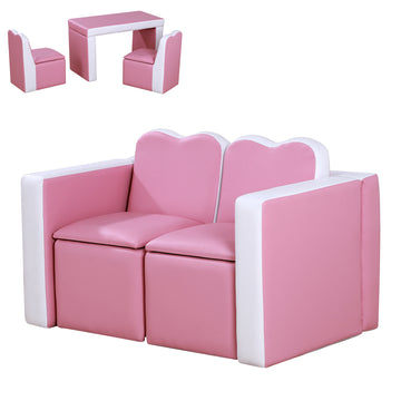 Qaba Kids Sofa Set 2 In 1 Multi Functional Toddler Table Chair Set 2 Seat Couch Storage Box Soft Sturdy Pink Pink Plastic