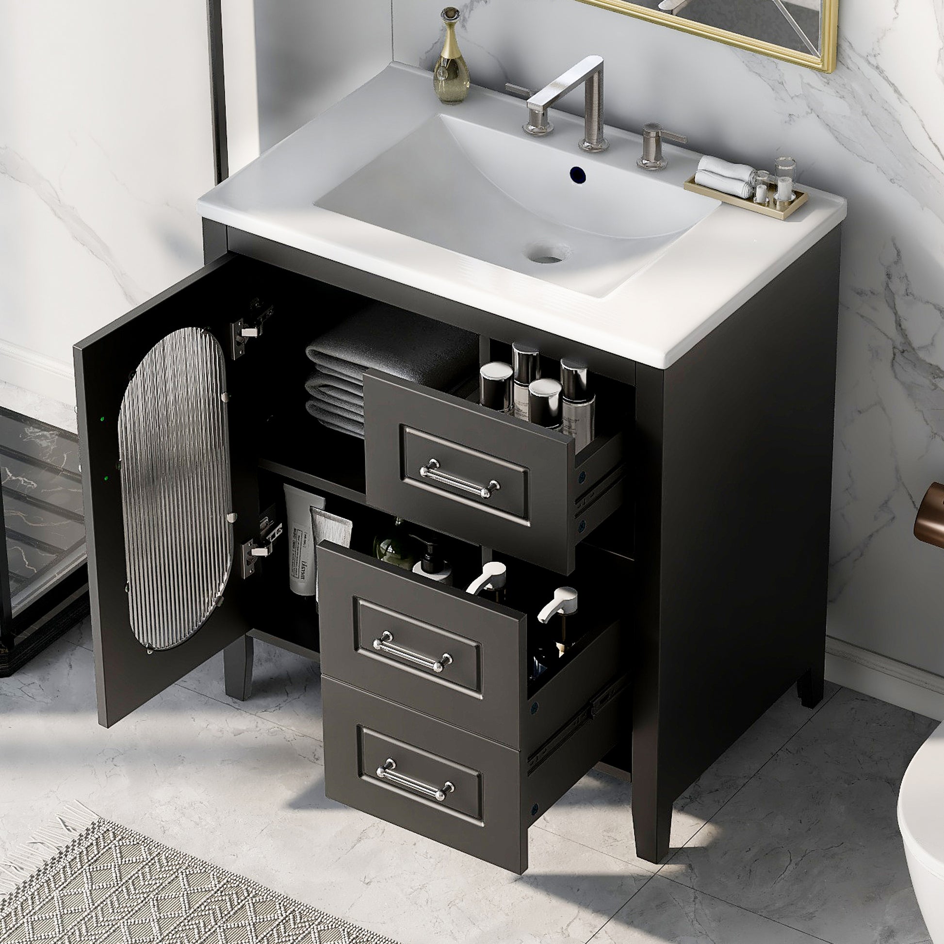 30" Bathroom Vanity With Sink, Bathroom Vanity Cabinet With Two Drawers And Door, Adjustable Shelf, Solid Wood And Mdf, Black Black Solid Wood Mdf