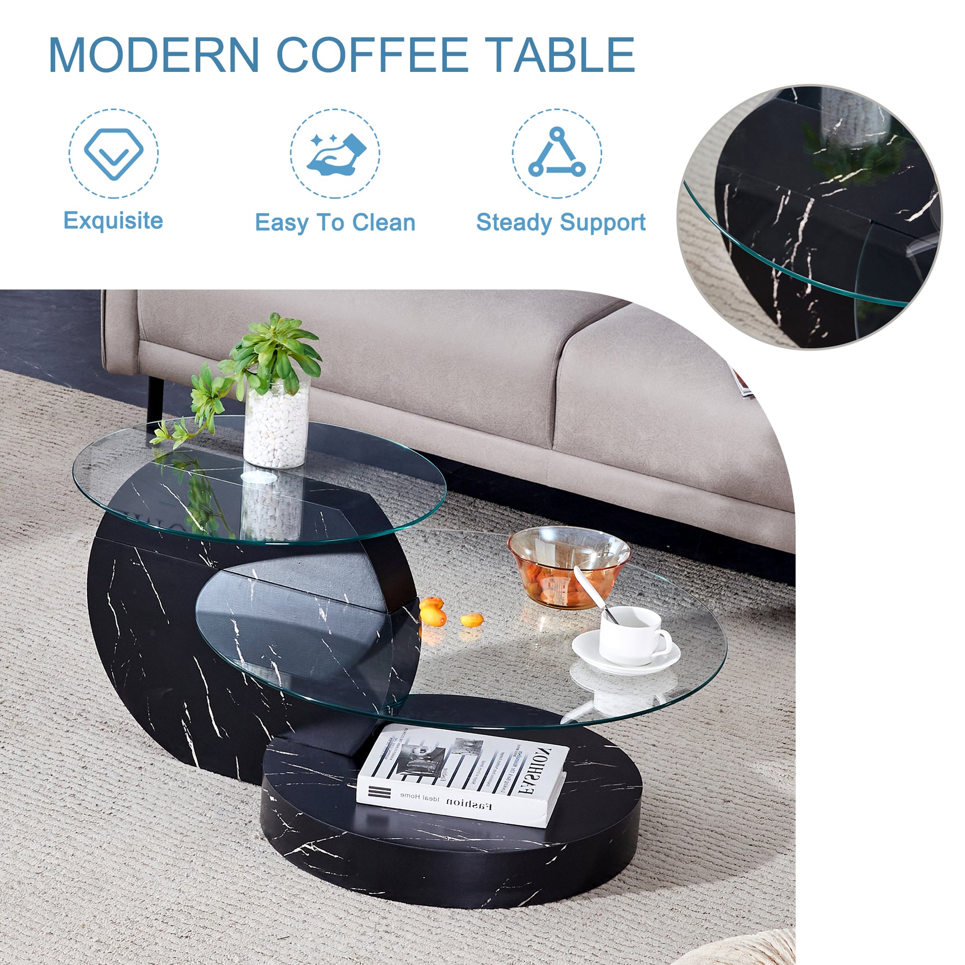 Modern And Practical Double Deck Round Table. Double Storage Space, Made Of Glass Tabletop And Mdf Table Legs. Suitable For Living Room And Bedroom And Dining Room. Black Mdf Glass