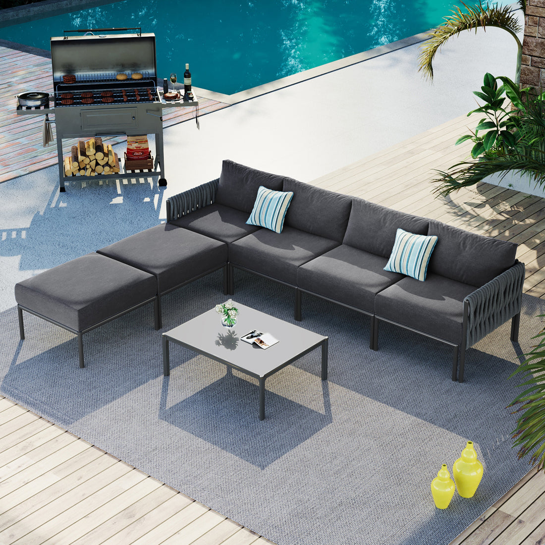 6 Pieces Aluminum Patio Furniture Set, Modern Metal Outdoor Conversation Set Sectional Sofa With Removable Olefin Extra Thick Cushions 5.9" Cushion, Grey Yes Complete Patio Set Gray Seats 6 Weather Resistant Frame Garden & Outdoor