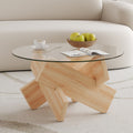 Circular Glass Coffee Table, 33.4 Inch Modern And Distinctive Design Tea Table. Tempered Glass Countertop, Wood Colored Mdf Table Legs. Suitable For Living Rooms And Farmhouses Transparent Glass