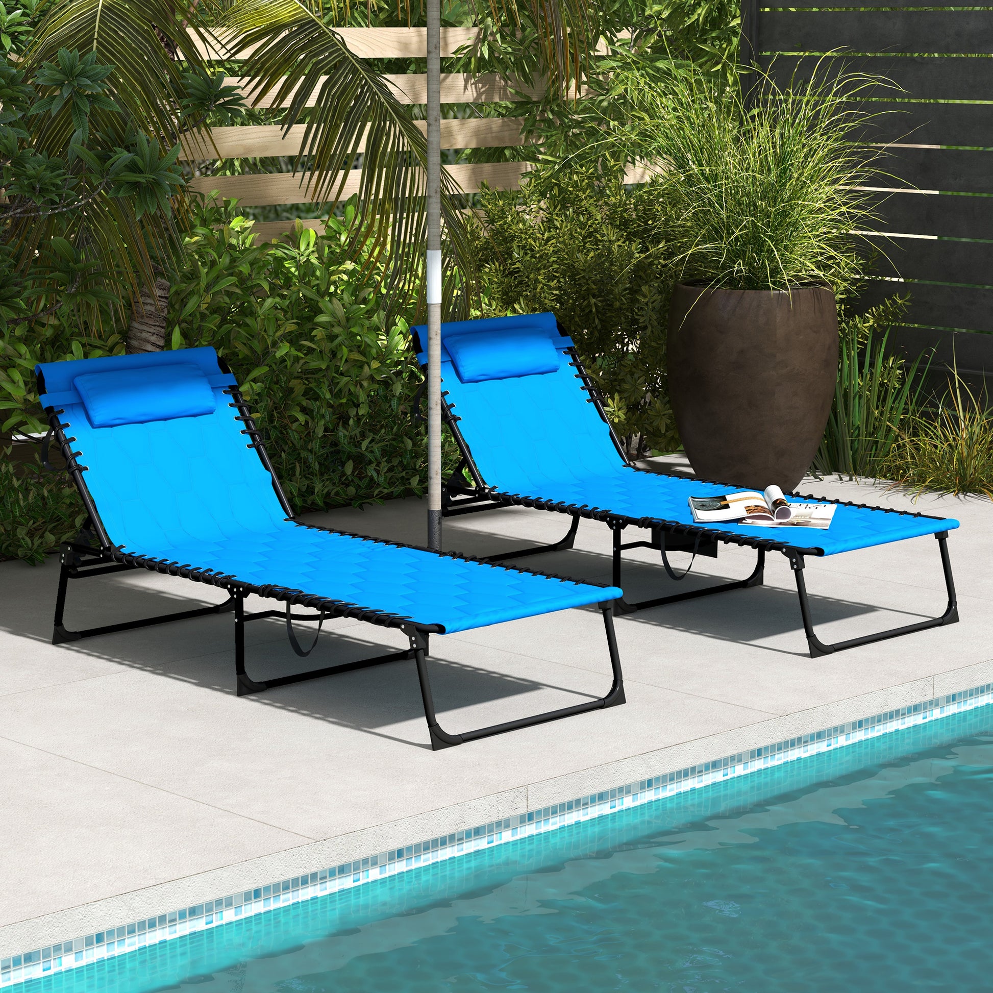 Outsunny Folding Chaise Lounge Set With 5 Level Reclining Back, Outdoor Lounge Tanning Chair With Padded Seat, Side Pocket & Headrest For Beach, Yard, Patio, Blue Blue Steel