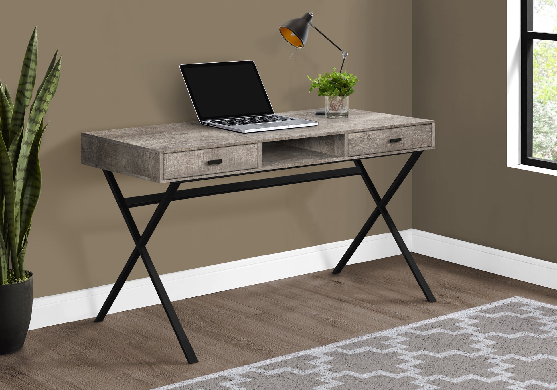 Computer Desk, Home Office, Laptop, Storage Drawers, 48"L, Work, Beige Laminate, Black Metal, Contemporary, Modern Taupe Particle Board