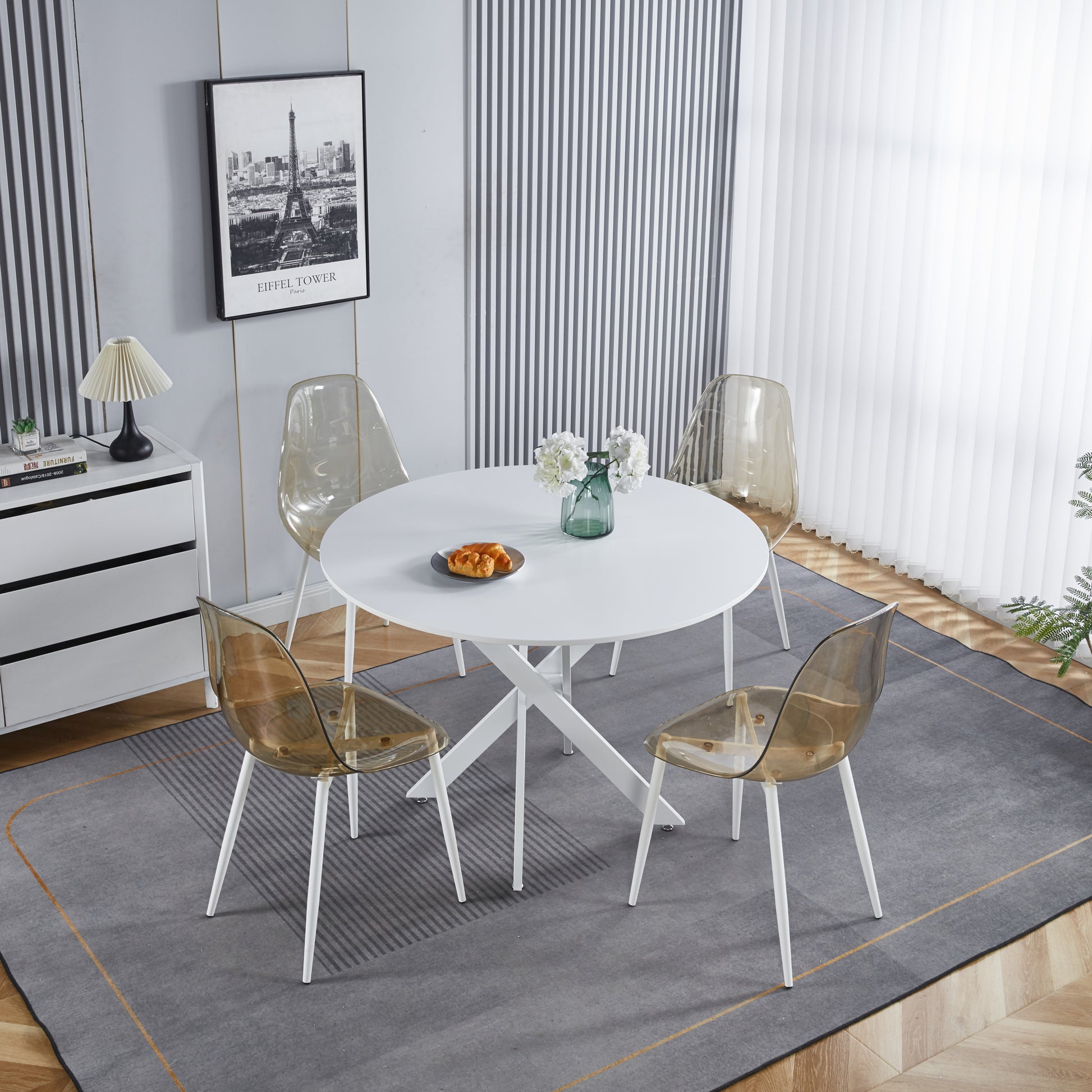 42.1"White Table Mid Century Dining Table For 4 6 People With Round Mdf Table Top, Pedestal Dining Table, End Table Leisure Coffee Table,Cross Leg White Kitchen & Dining Tables Mdf