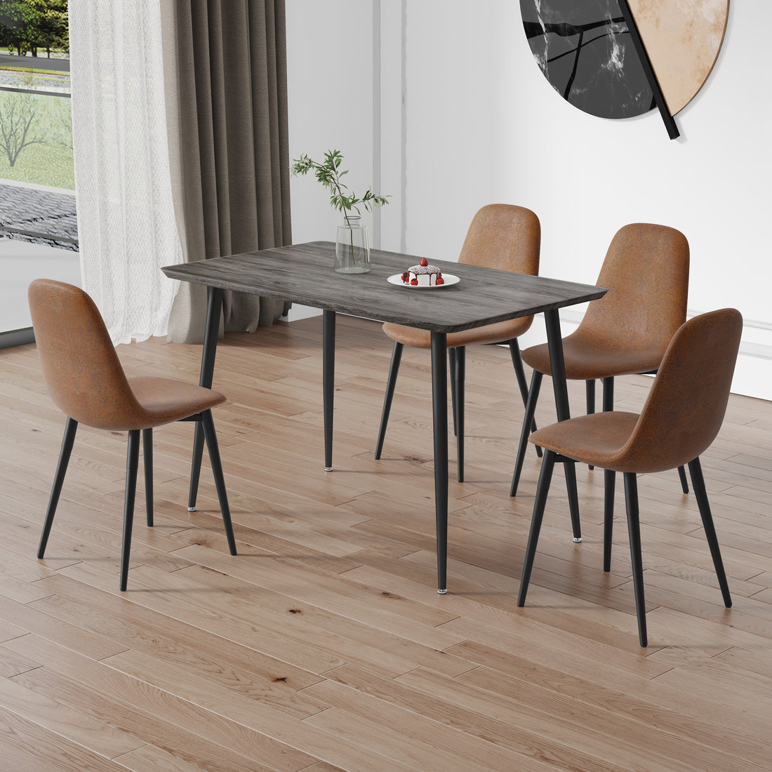 1 Table And 4 Chairs Set.Gray Wood Grain Table With Mdf Tabletop And Black Iron Legs.A Set Of 4 Modern Medieval Style Chairs, Equipped With Soft Cushions And Black Metal Legs.Dt 1226,B0501A Gray Mdf Metal