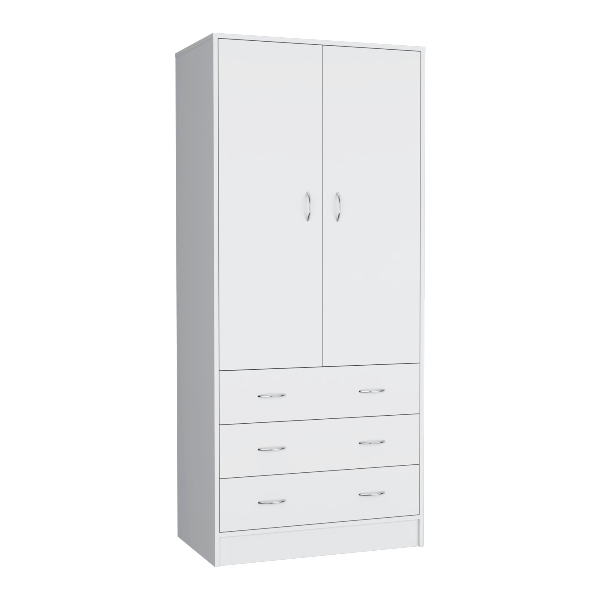 Armoire 71" H, With 2 Doors, 3 Drawers And 1 Hanging Rod, White White Solid Wood Mdf Engineered Wood