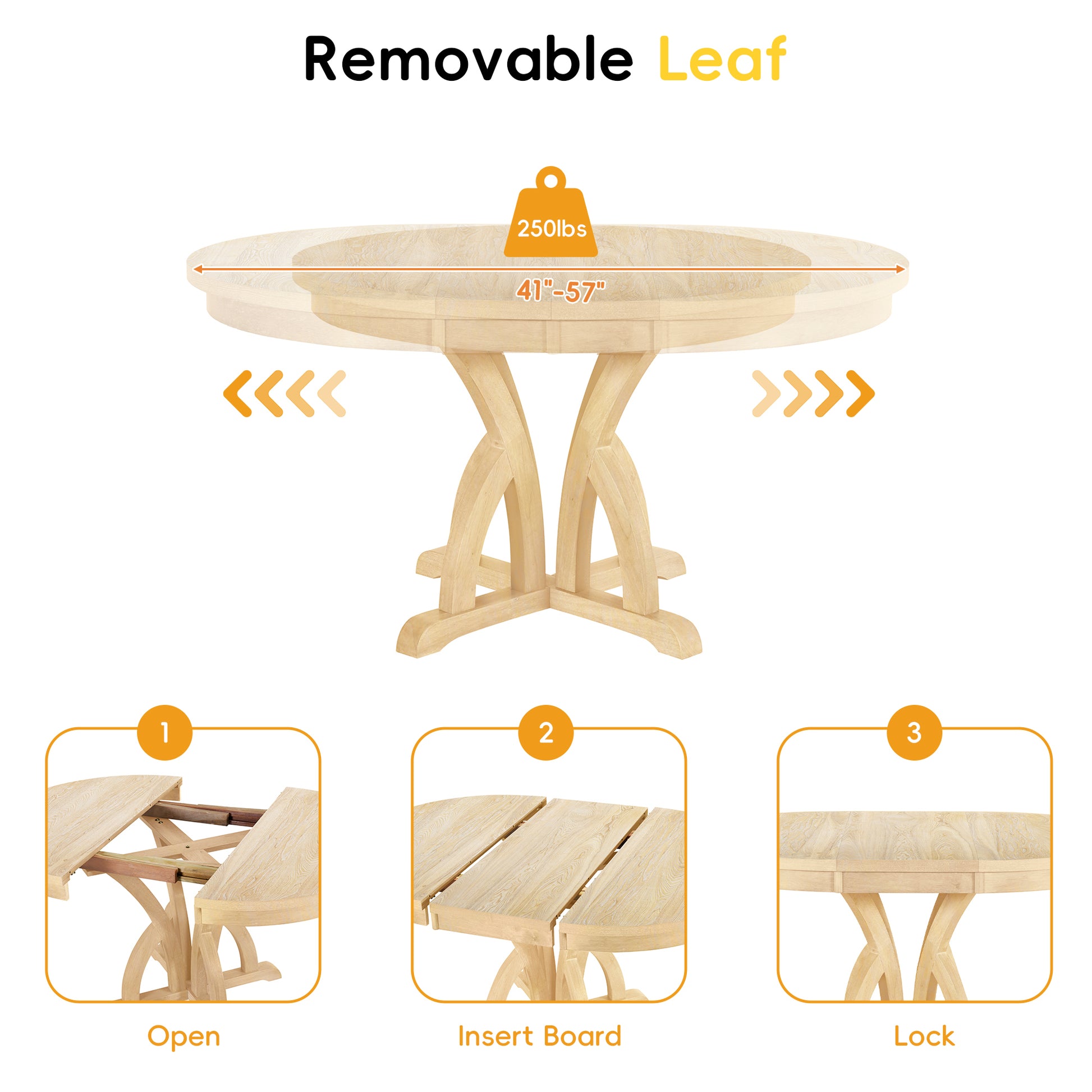 5 Piece Farmhouse Round Pedestal Extending Dining Table Set Extendable Kitchen Table Set With 15.8" Removable Leaf And Ladder Back Dining Chairs For Small Places, Natural Wood Dining Room Extendable Rubberwood Oval Dining Table With Chair Upholstered