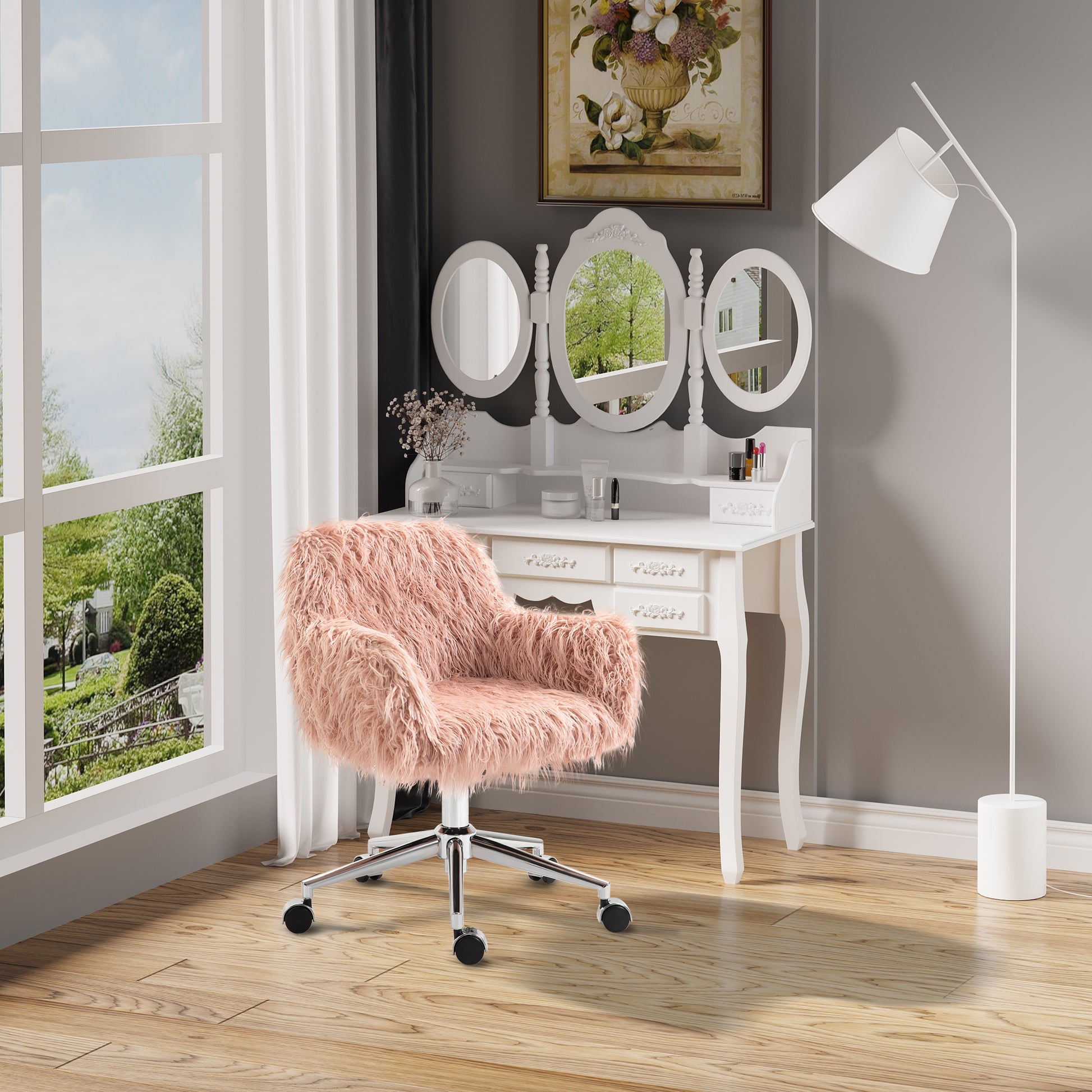 Vinsetto Faux Fur Desk Chair, Swivel Vanity Chair With Adjustable Height And Wheels For Office, Bedroom, Pink Pink Metal