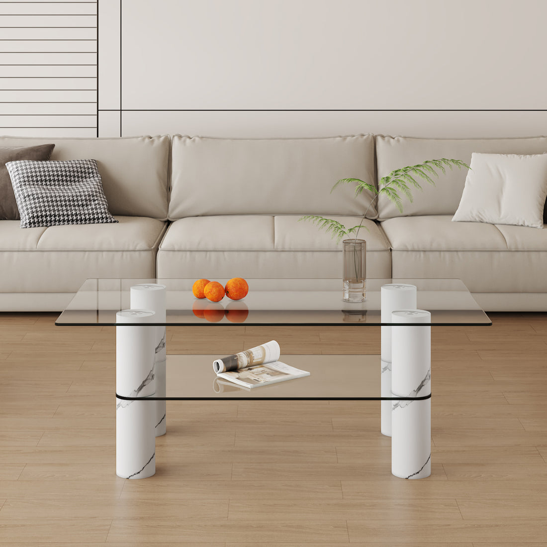 Modern Minimalist Double Layered Transparent Tempered Glass Coffee Table And Coffee Table, Paired With White Mdf Decorative Columns. Computer Desk. Game Table. Ct X02 Transparent Glass