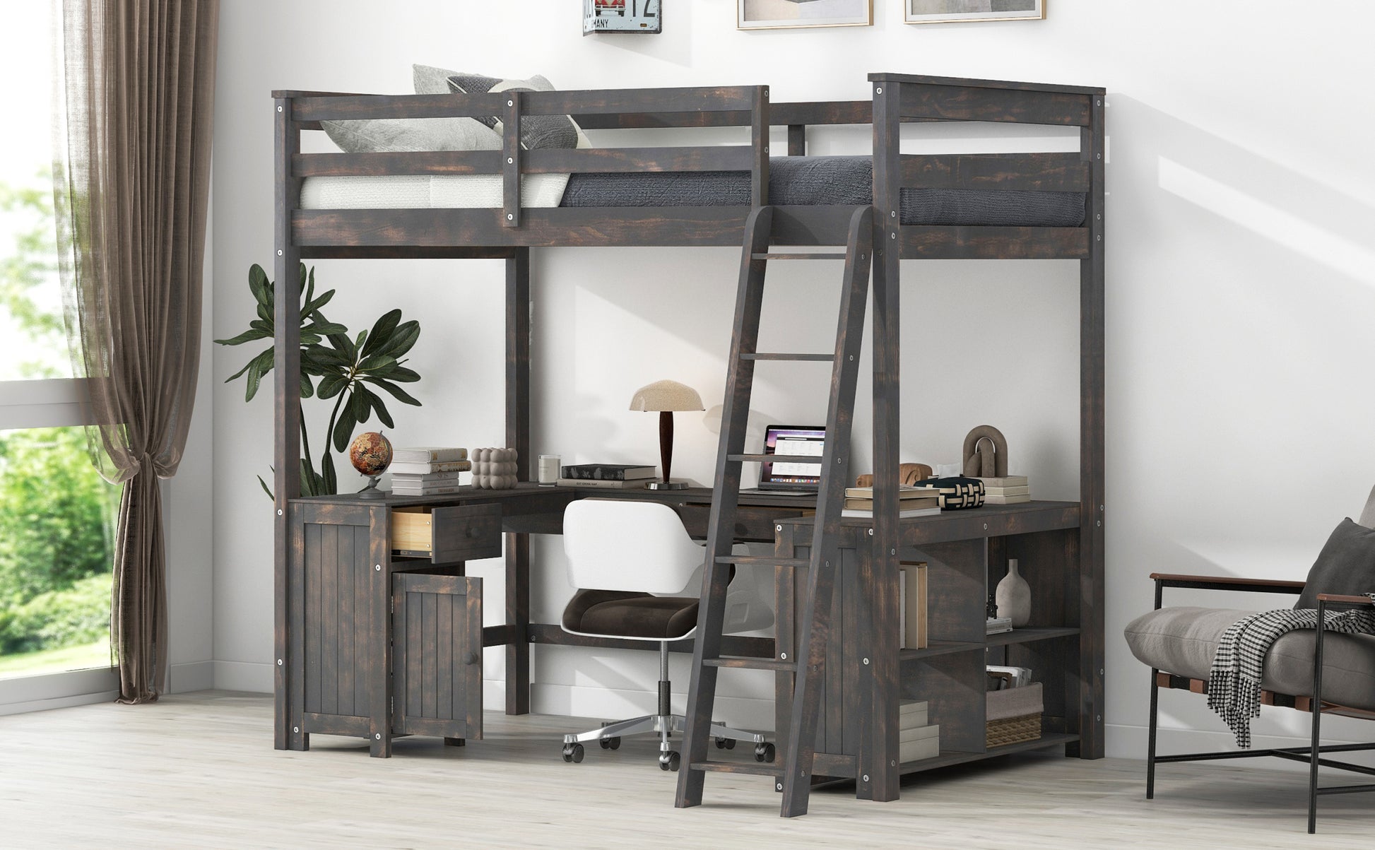 Full Size Loft Bed With U Shaped Desk, Drawers And Storage Shelves, Antique Brown Box Spring Not Required Full Antique Brown Wood Bedroom Solid Wood Mdf