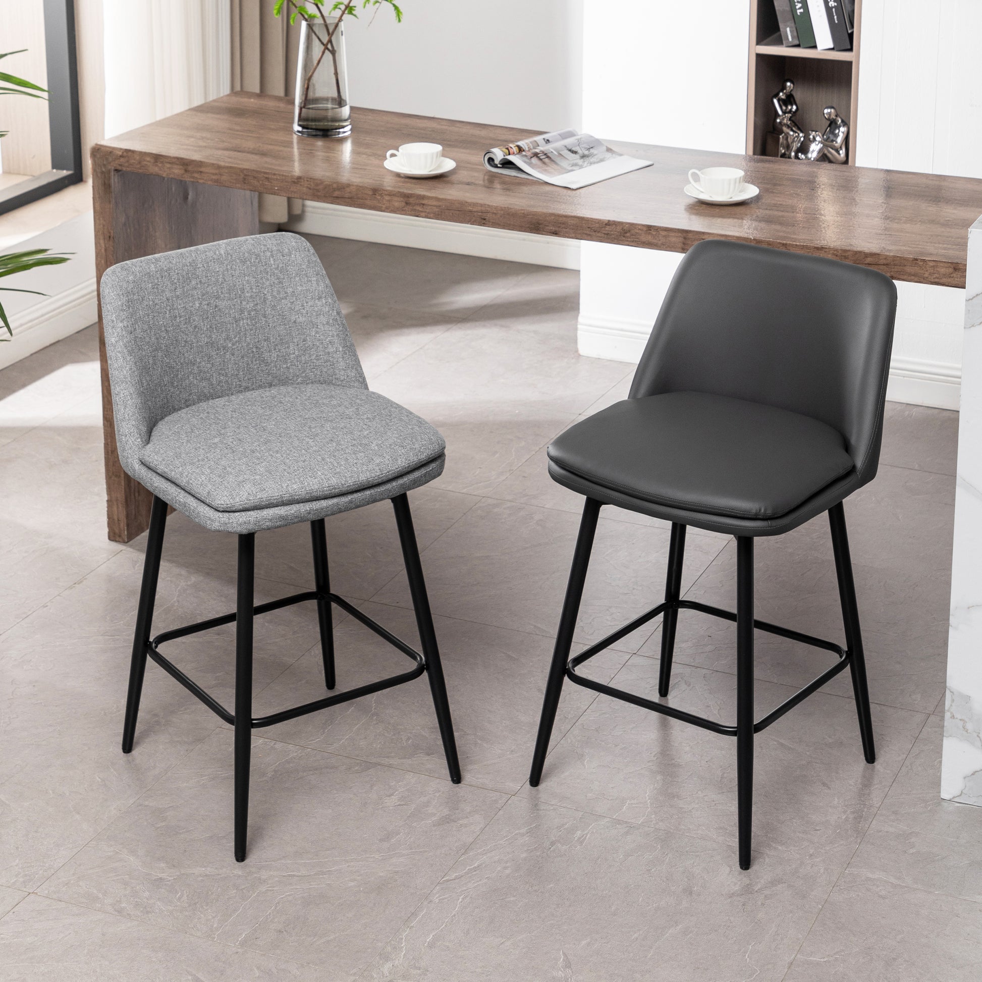 Counter Height Swivel Bar Stools Set Of 2, 360 Swivel Upholstered Barstools With Back And Metal Legs, 25.6" Seat Height,Counter Stools For Kitchen Island And Pub,Linen Cloth,Grey Light Grey Set Of 2 Linen