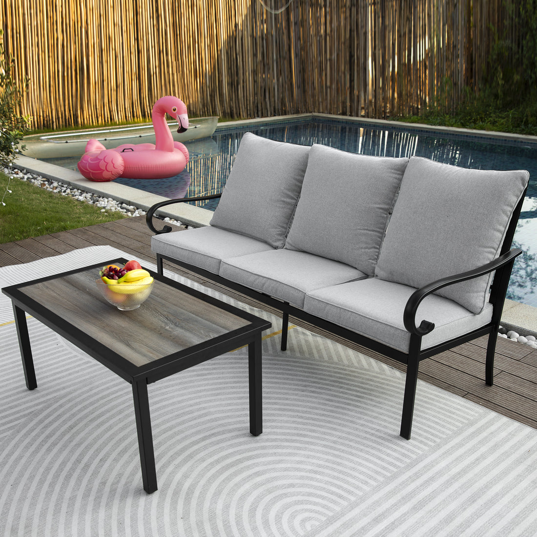 Patio 3 Seater Sofa With Table, Outdoor Conversation Furniture With Gray Cushions For Porch Balcony Deck Yes Sectional Black Grey Seats 2 Mildew Resistant Frame Fade Resistant Cushion Garden & Outdoor American Design Sectional Seating Groups Iron