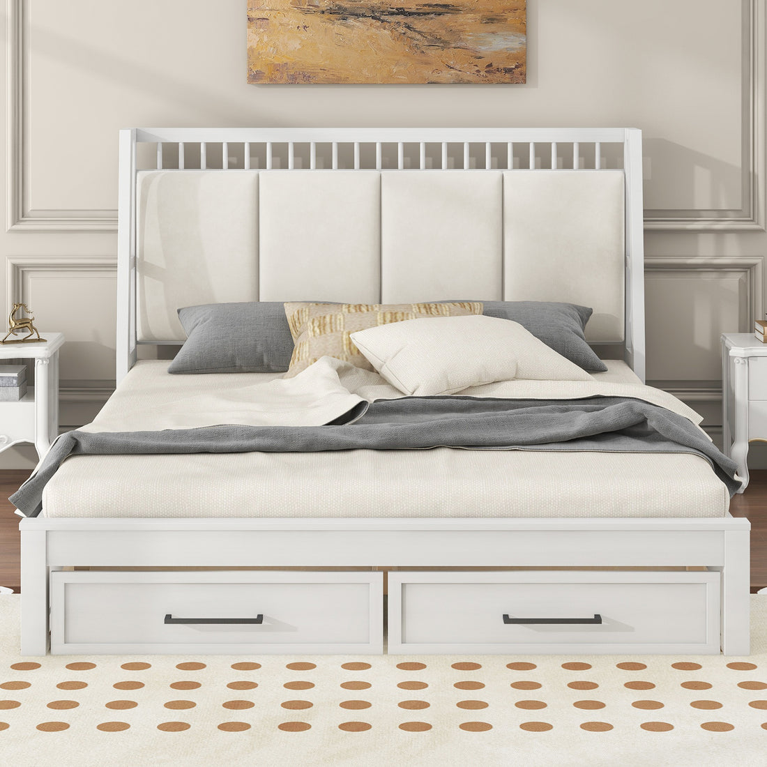 Queen Size Wood Platform Bed With Upholstered Headboard And 2 Drawers, Antique White Box Spring Not Required Queen White Wood Bed Frame Solid Wood Mdf