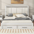 Queen Size Wood Platform Bed With Upholstered Headboard And 2 Drawers, Antique White Box Spring Not Required Queen White Wood Bed Frame Solid Wood Mdf