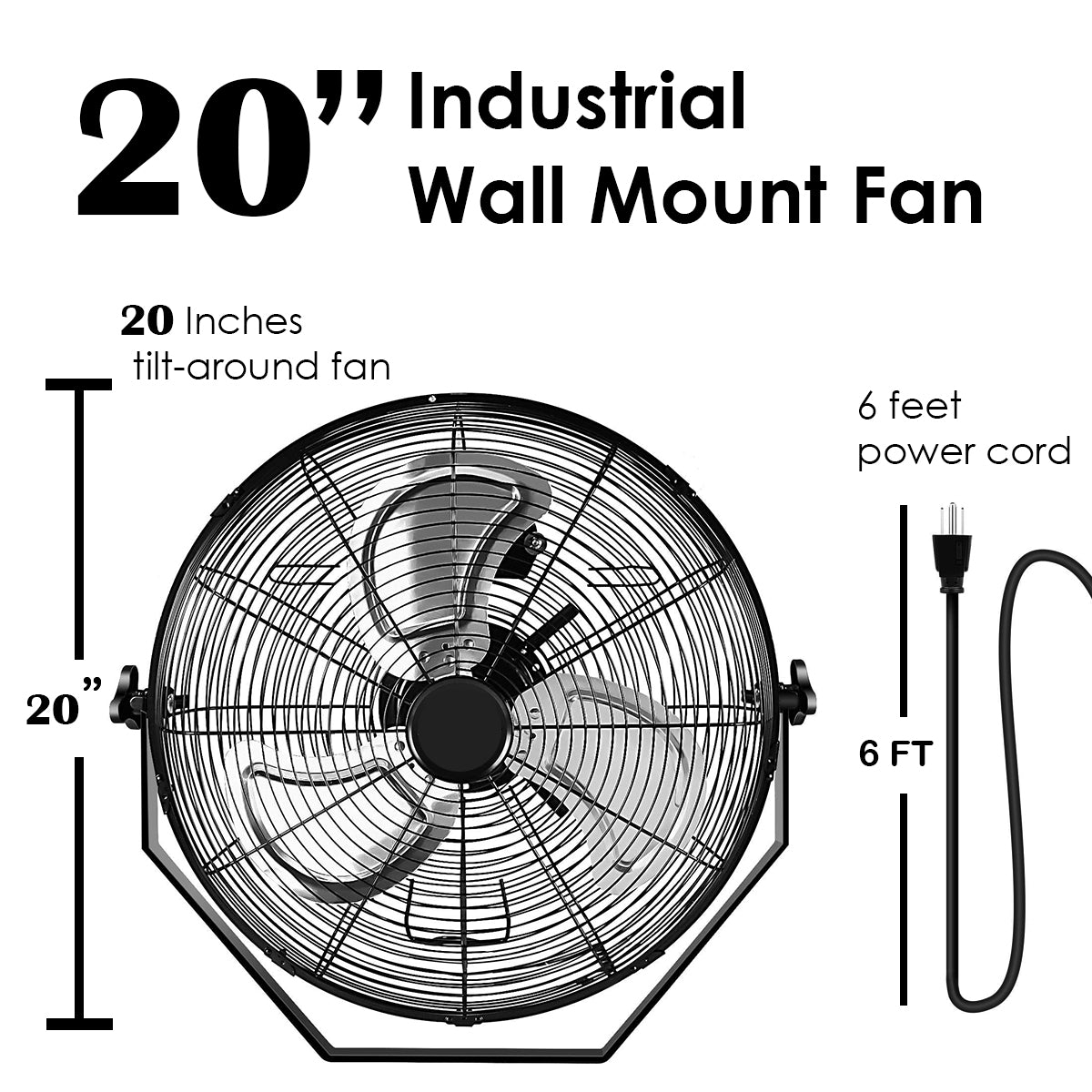 20 In. Black High Velocity 3 Speed Air Circulator Metal Wall Mount Fan Black Metal