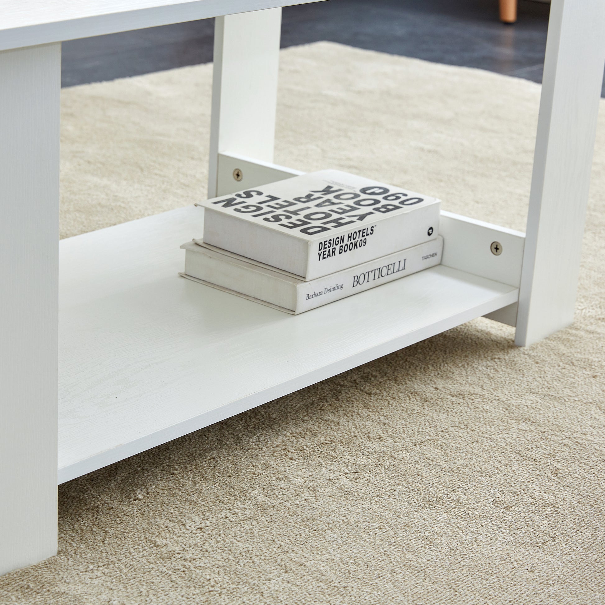 A Modern And Practical White Coffee Table. The Double Layered Coffee Table Is Made Of Mdf Material,. Suitable For Living Room, Bedroom, And Study. Ct 16 White Mdf