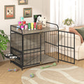 39'' Indoor Metal Dog Crate With Double Doors, Wooden Side End Table Crate, Dog Crate Furniture With Adjustable Feeder Stand, For Medium Dog, Gray Gray Dog Engineered Wood