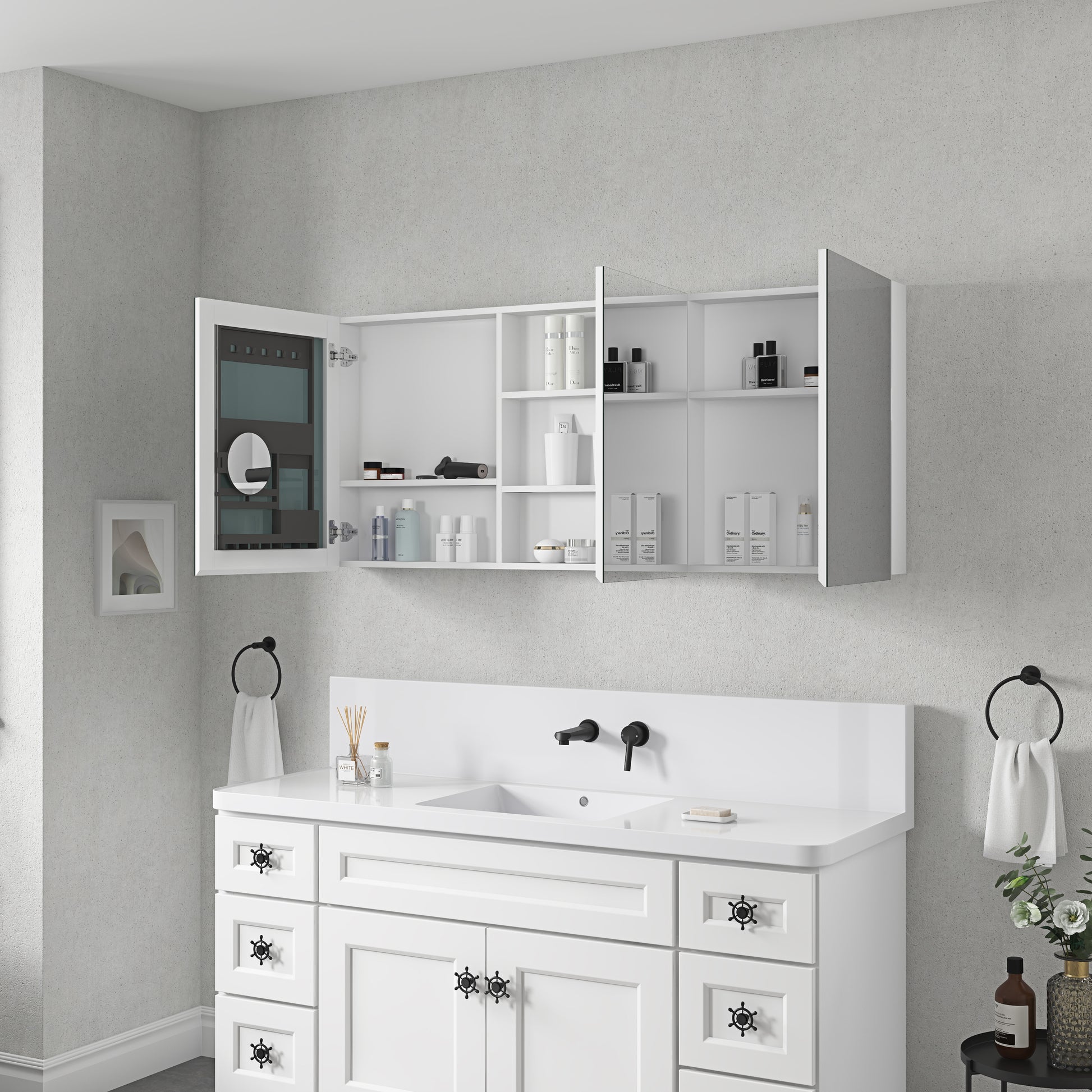 60'' W X 26'' H Surface Frameless Mirror Medicine Cabinet, Beveled Mirror Edges Bathroom Medicine Cabinet White Engineered Wood