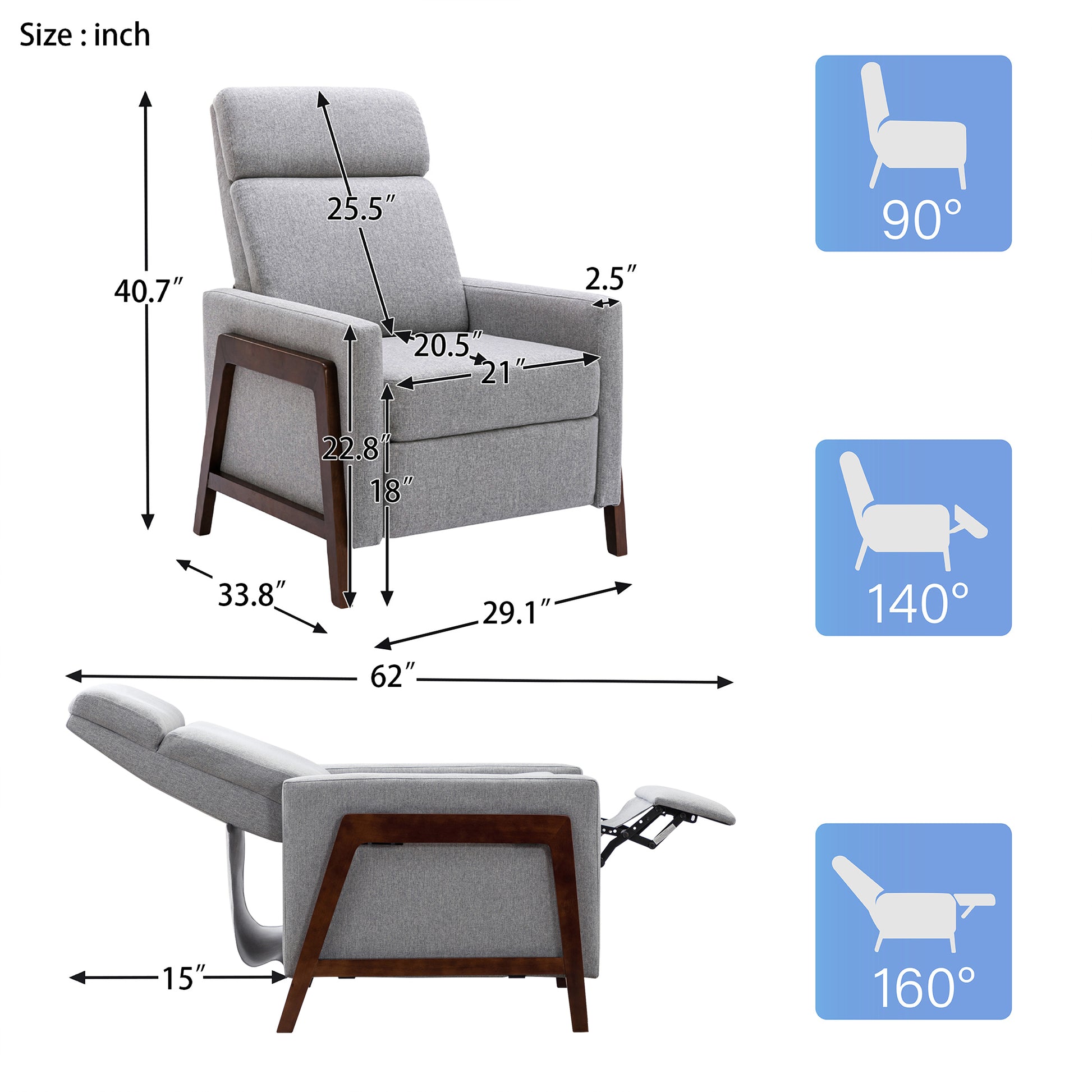 Set Of Two Wood Framed Upholstered Recliner Chair Adjustable Home Theater Seating With Thick Seat Cushion And Backrest Modern Living Room Recliners,Gray Gray Linen