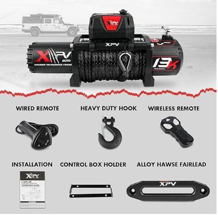 Xpv 13000Lb. Winch Synthetic Rope Electric Truck Winch Waterproof With Wireless Remotes Black Aluminium