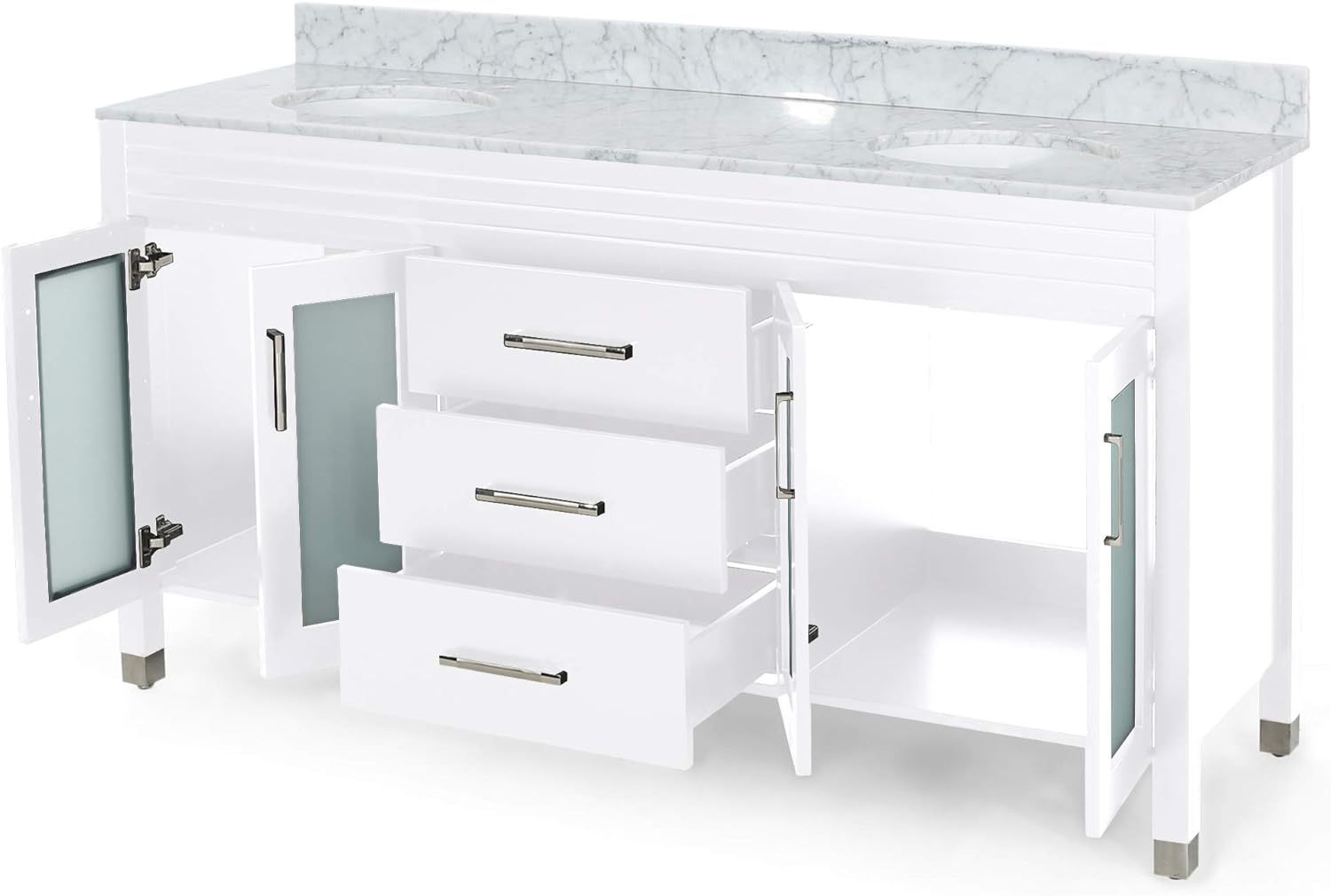 73'' Bathroom Vanity With Marble Top & Double Ceramic Sinks, 4 Doors With Glass, 3 Drawers, White White Solid Wood Mdf