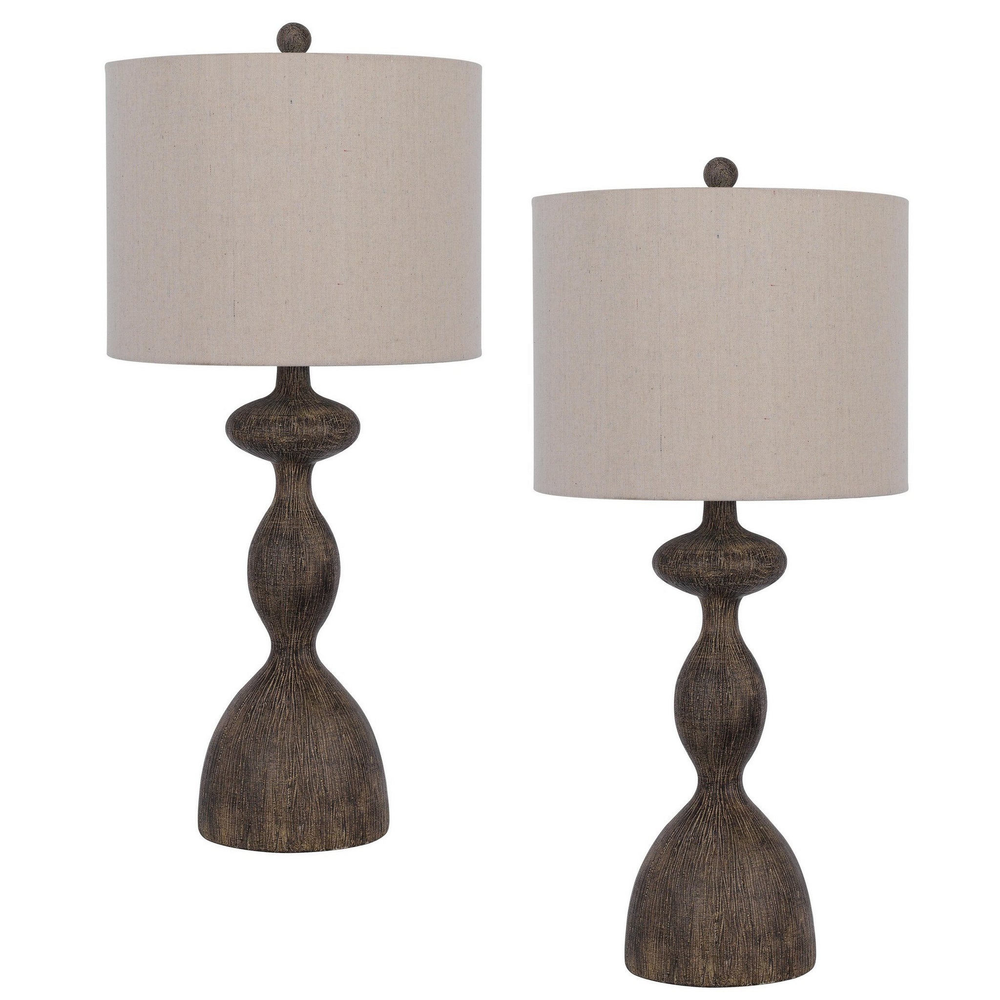 30 Inch 2 Table Lamps, Resin Accent, Turned Base, Rustic Wood Brown, Beige Beige Brown Fabric