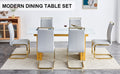 Table And Chair Set.Large Modern Rectangular Table With 0.4 Inch Patterned Glass Tabletop And Large Mdf Table Legs.Comes With 6 Chairs With Faux Leather Cushioned Seats And Golden Metal Legs. Gold White Seats 6 Mdf Glass
