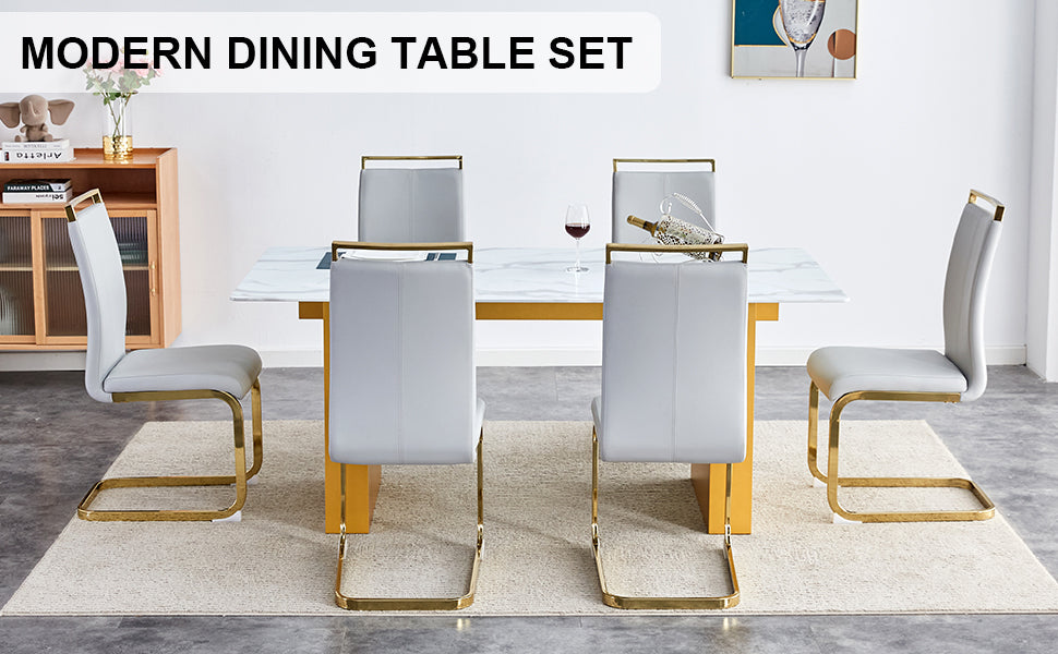 Table And Chair Set.Large Modern Rectangular Table With 0.4 Inch Patterned Glass Tabletop And Large Mdf Table Legs.Comes With 6 Chairs With Faux Leather Cushioned Seats And Golden Metal Legs. Gold White Seats 6 Mdf Glass