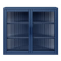 Retro Style Haze Double Glass Door Wall Cabinet With Detachable Shelves For Office, Dining Room,Living Room, Kitchen And Bathroom Blue Color Blue Tempered Glass Sheet Metal Plastic