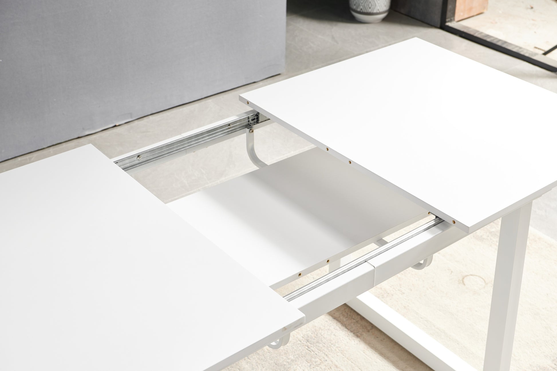 White Color,Square Extendable Dining Table With Metal Leg,Modern Space Saving Kitchen Table For Living Room 70.86" W X 31.5" D X 29.5" H Antique White Mdf Metal