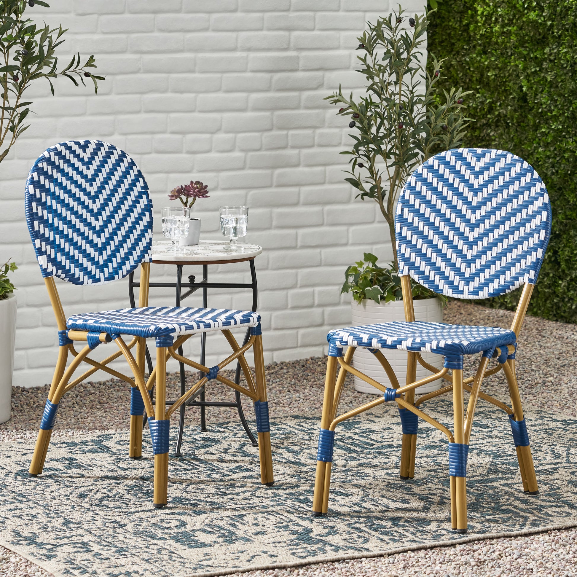 French Bistro Chair White Blue Rattan