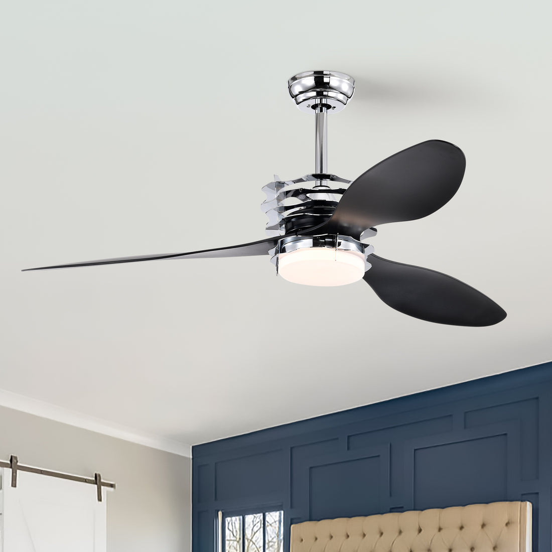 52'' Abs Blades Ceiling Fan With Lights And Remote 6 Speeds Adjustable Dc Motor Modern Ceiling Fan With 3 Abs Fan Blades & 2 Down Rods, Indoor Ceiling Fan With Light For Home Use Chrome American Design Abs Metal