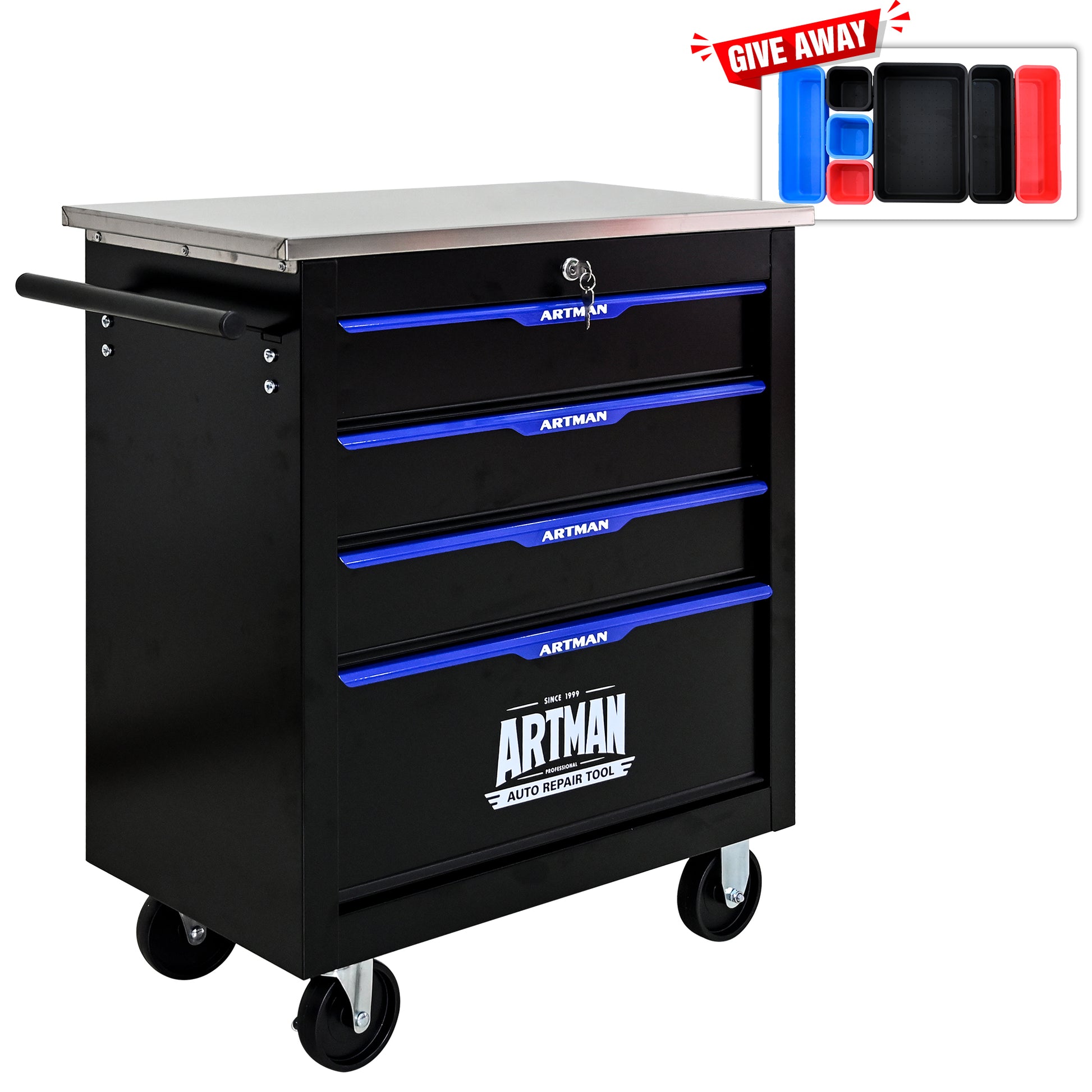 4 Drawers Multifunctional Tool Cart With Wheels Black Black Blue Steel