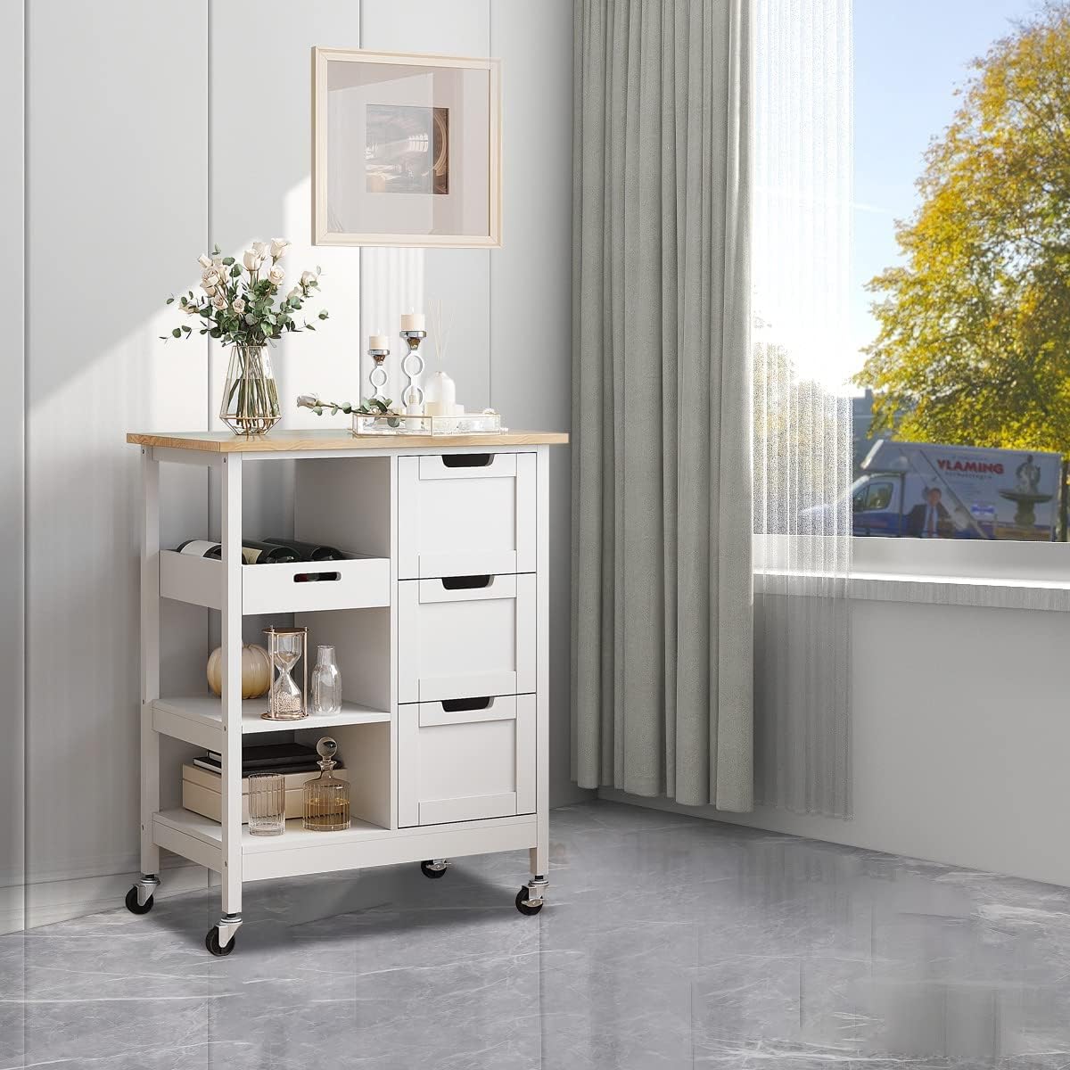 Rolling Portable Small Kitchen Island Cart On Wheels With Solid Wood Top, Dining Room Serving Utility Carts Mobile Movable With 3 Drawers And Storage Shelves Cabinet, White White White Dining Room American Design Rectangular Kitchen Island Sets Mdf Small