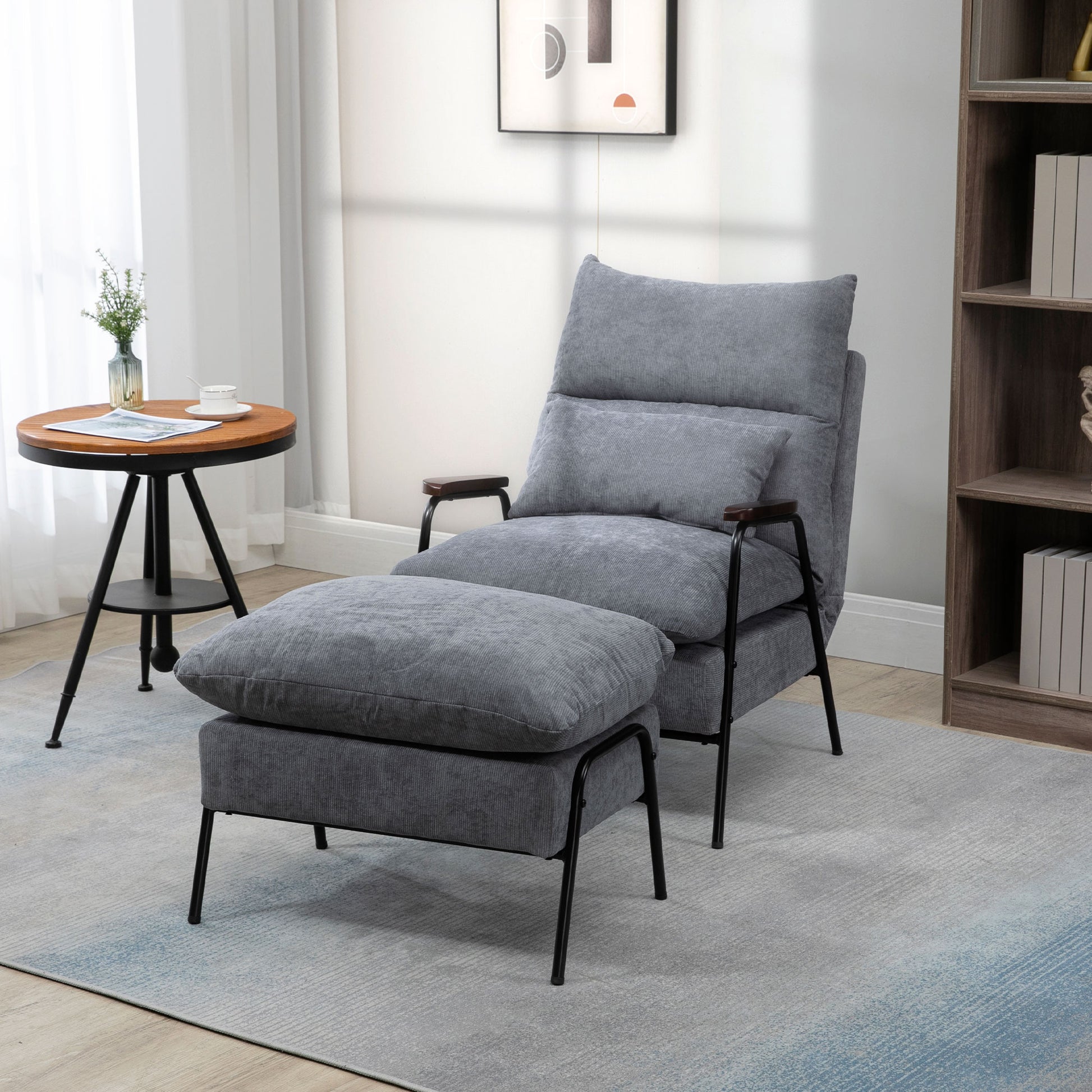 Homcom Accent Chair With Ottoman, Reclining Comfy Chair With Adjustable Backrest, Steel Frame And Pillow For Living Room, Bedroom, Light Gray Light Gray Polyester