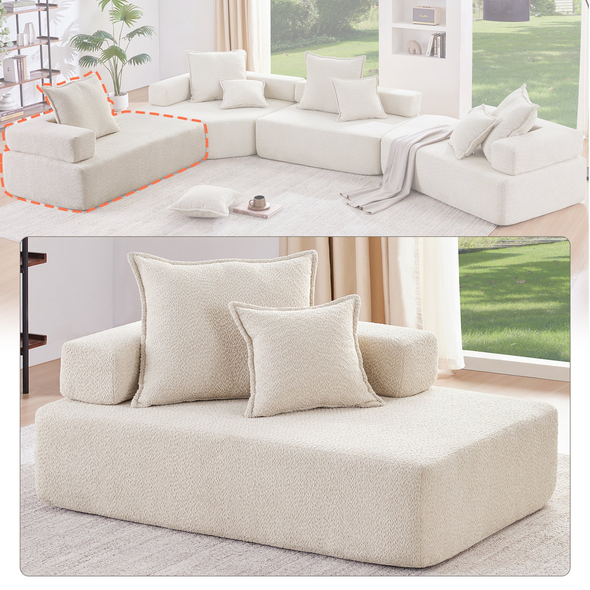 Lounge Frame For Oversized Modular U Shaped Sectional Sofa,Luxury Boucle Floor Couch Set,Convertible Sleeper Couch,Spacious Foam Filled Sofa Bed For Living Room Beige Boucle 1 Seat