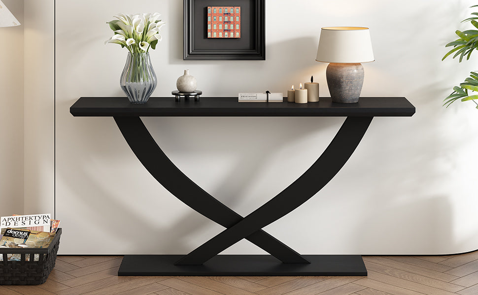 Mirod 57'' Modern Rustic Console Table With Cross Leg Design,Sturdy Construction And Large Surface Space,Perfect For Living Room Or Bedroom Black Mdf Acacia