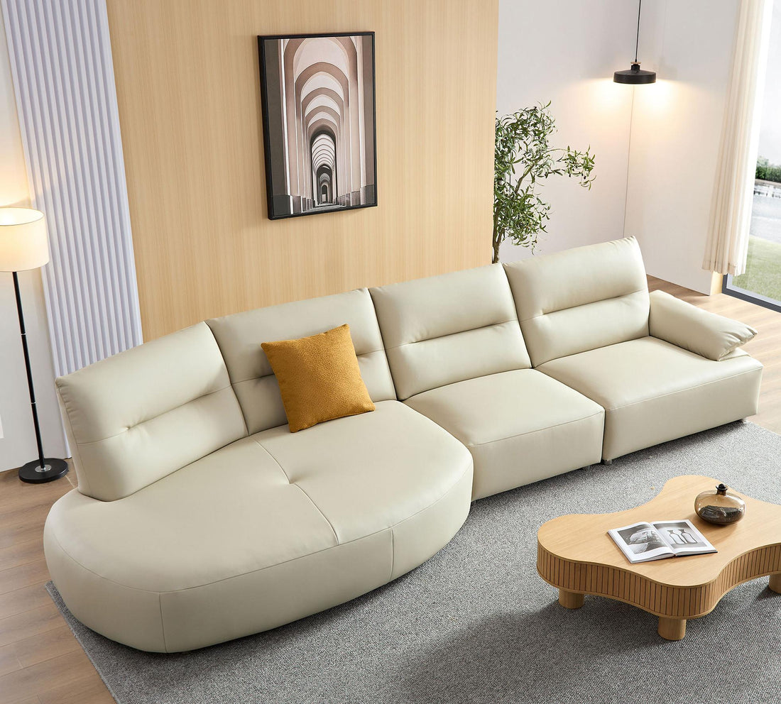 147.24'' Oversied Modern Sectional Curved Shaped Sofa Couch For Living Room,Upholstered 5 Seat Sofa Eco Leather Couch Set,Beige Beige Leather 5 Seat