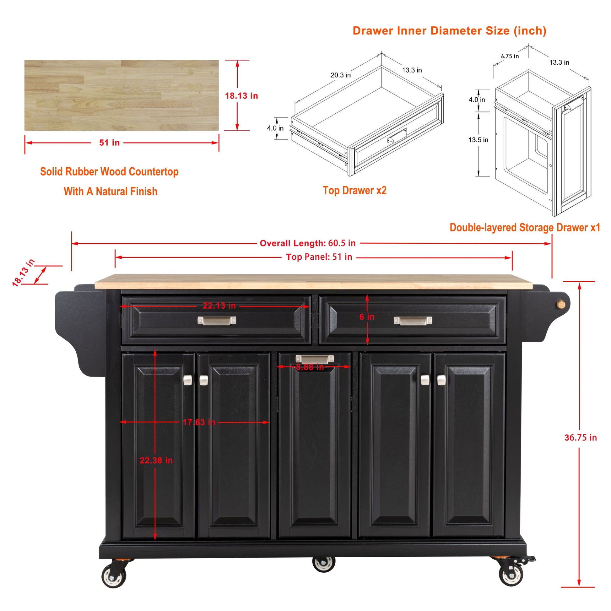 Kitchen Island With Rubber Wood Countertop, Kitchen Cart On 5 Wheels With Storage Cabinet And 2 Top Drawers And A Center Double Layered Storage Drawer For Dinning Room, Black Black Dining Room Rectangular Rubberwood Solid Wood Mdf Large 56 In